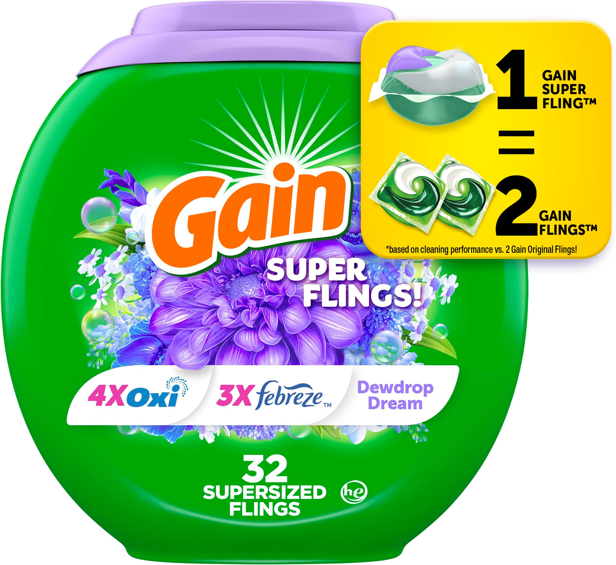 Gain Super Flings Laundry Detergent Pacs, 32 Count, Dewdrop Dream scent, irresistibly clean and fresh washing detergent laundry soap pacs