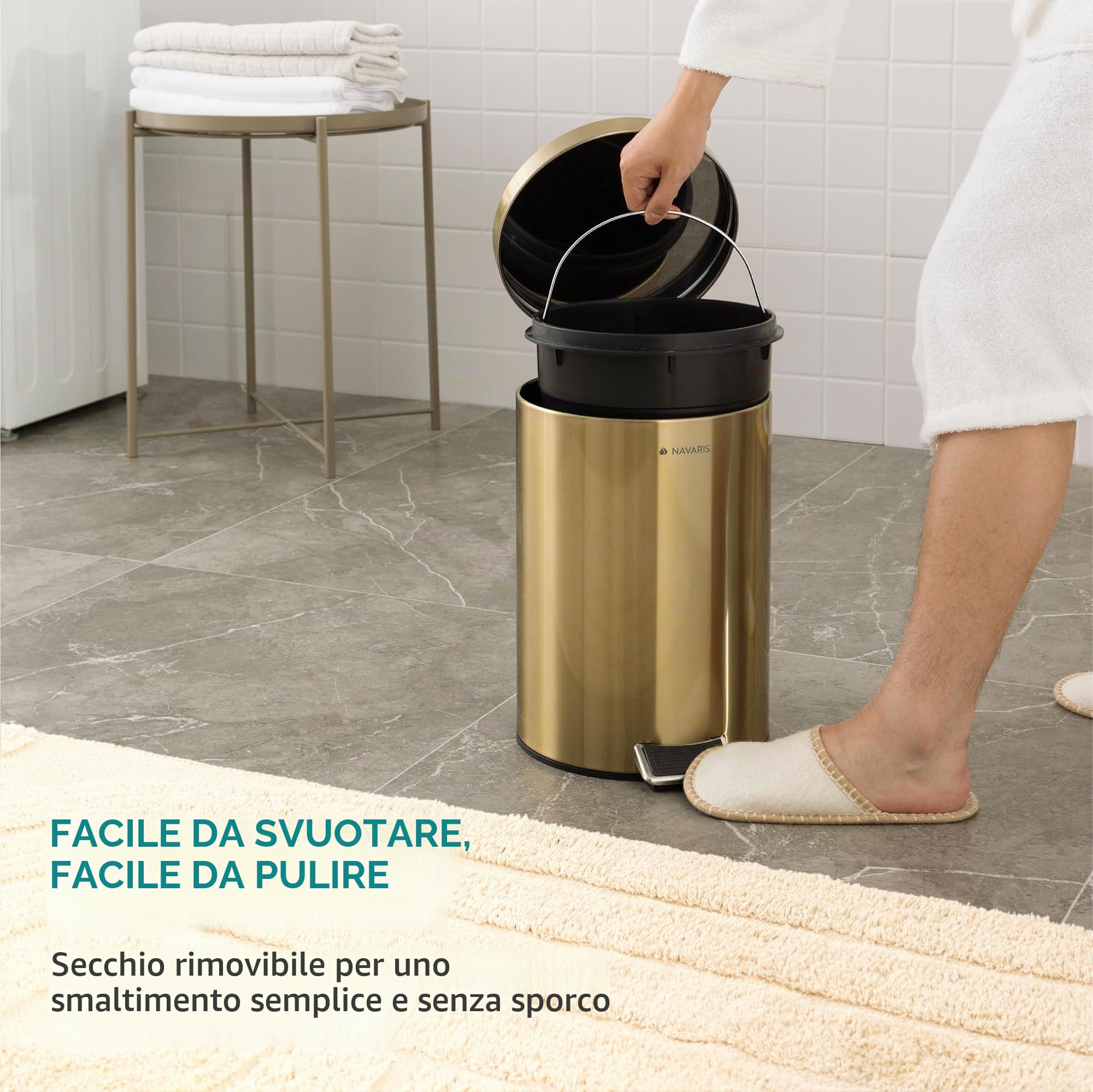 Navaris Cestino Bagno - Bidoncino Spazzatura 12 L - Pattumiera da Bagno Cucina e Ufficio - Cestino Rifiuti con Coperchio e Pedale - Bidone Umido con Secchio Interno Rimovibile - Oro