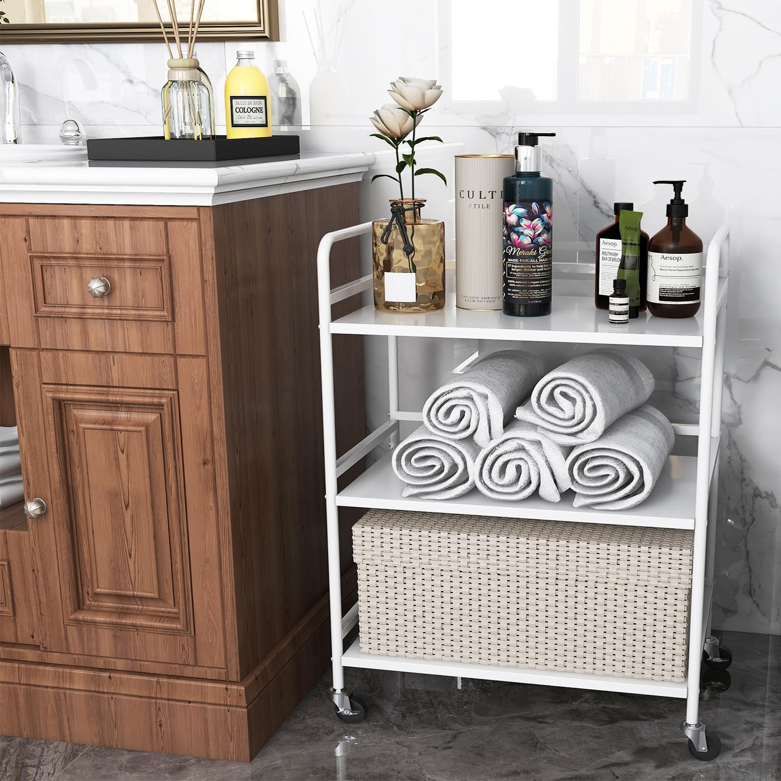 HDANI 3 Tier Metal Utility Multipurpose Rolling Cart,Large Capacity Heavy Duty Cart with Lockable Wheels Rolling Cart with 2 Lockable Wheels for Home,Office,Kitchen,Bathroom,Bedroom(White)