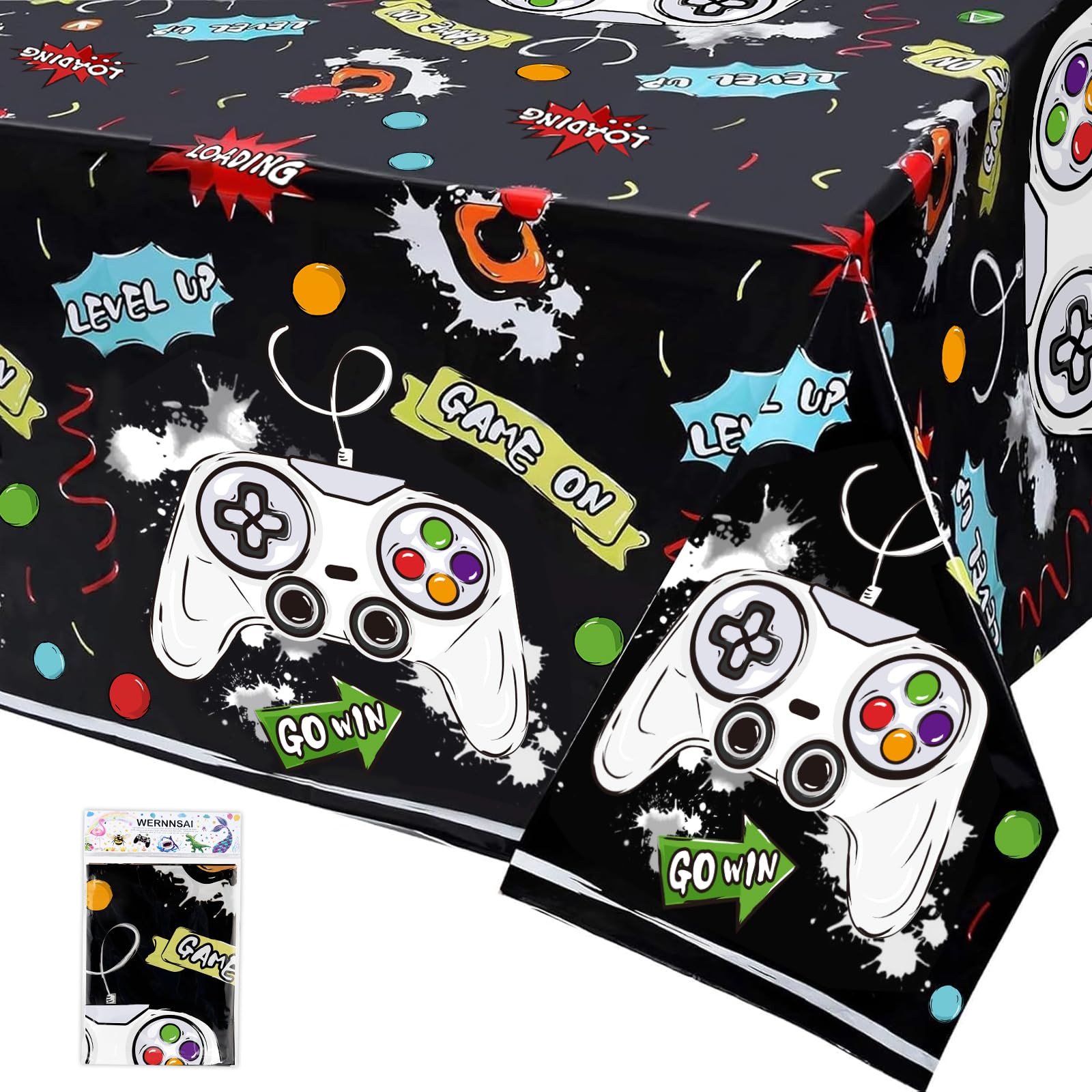 WERNNSAI 1 Pack Video Game Table Cloth - Game Birthday Decorations Black Gaming Party Tablecloth Birthday Decorations for Boys Kids Gamer Gaming Night