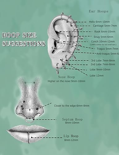Miniatura 5 de Drperfect 36 aros de nariz de 0.71 oz para mujeres y hombres, acero inoxidable 316L, hélix, tragus, labio, septum, cartílago, aro, piercing, joyería