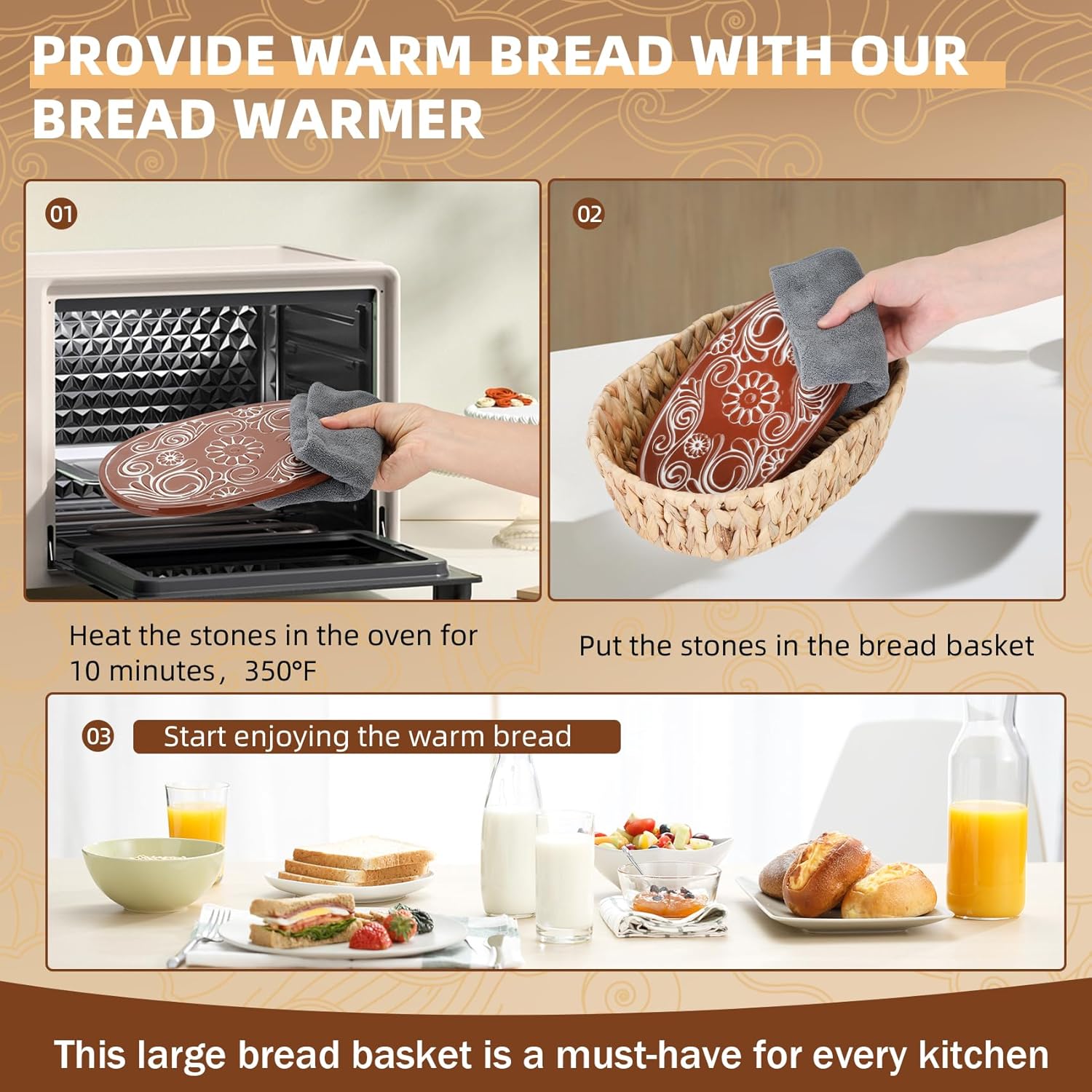 Bread Warmer Basket with Stone, Bread Baskets for Serving Tortilla,Bread Basket with Warming Stone, Ideal Bakers' Gift for Kitchen Lovers, Men & Women, New Homes, 1 Year Full Warranty