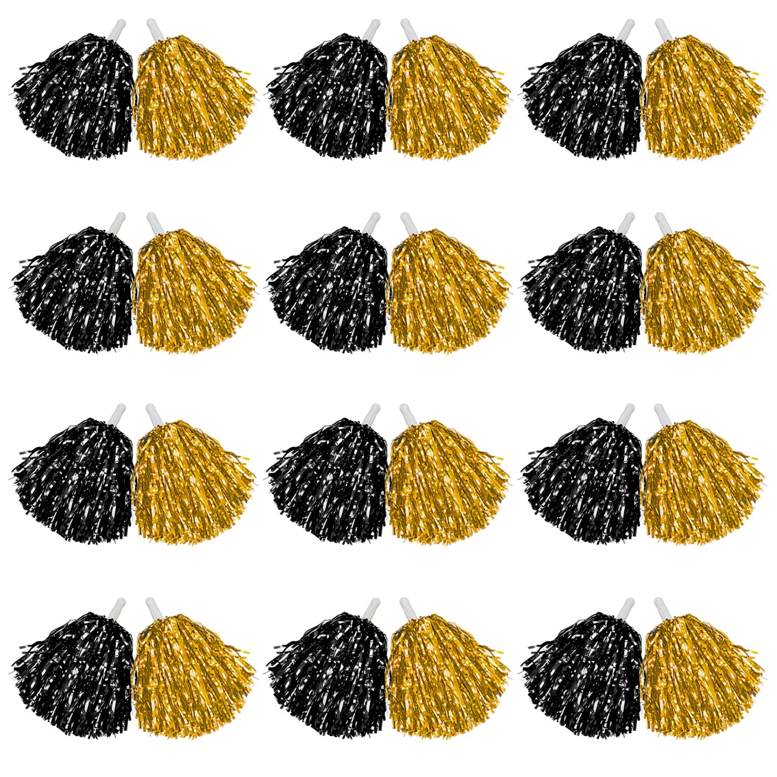 DILIBRA 24 Pcs Metallic Cheerleading Pom Poms with Baton Handle (Gold+Black