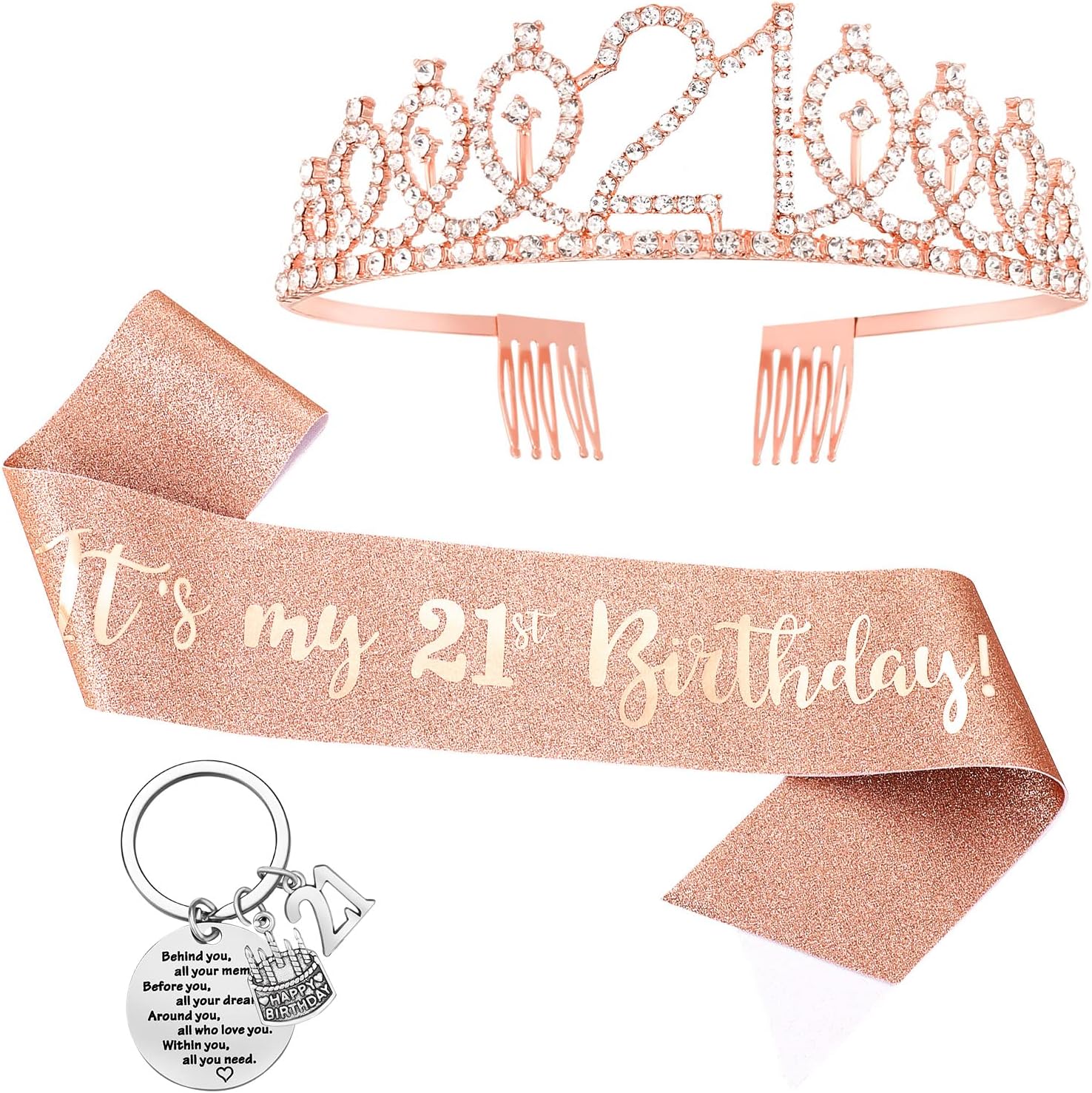 3pcs 21st Birthday Sash and Crown Tiara Keychain for Girls Gold 21st Birthday Gifts for Girls Keyring Glitter Sash and Rhinestone Crown