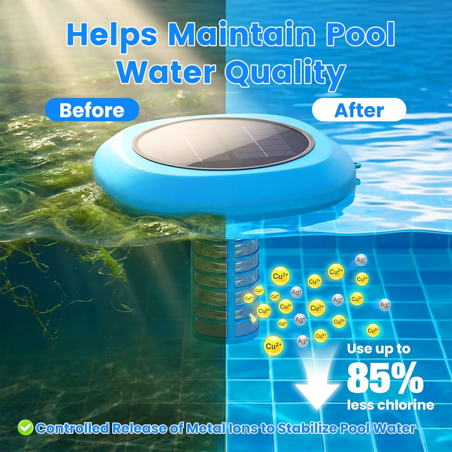 Solar Pool Ionizer, Upgraded Floating Ionizer for Pool with 1LB Heavy-Duty Copper Rod & Double-Sealed Housing, Pool Cleaner for Above/In-Ground Pools, Spas, Hot Tubs Up to 45,000 Gallons