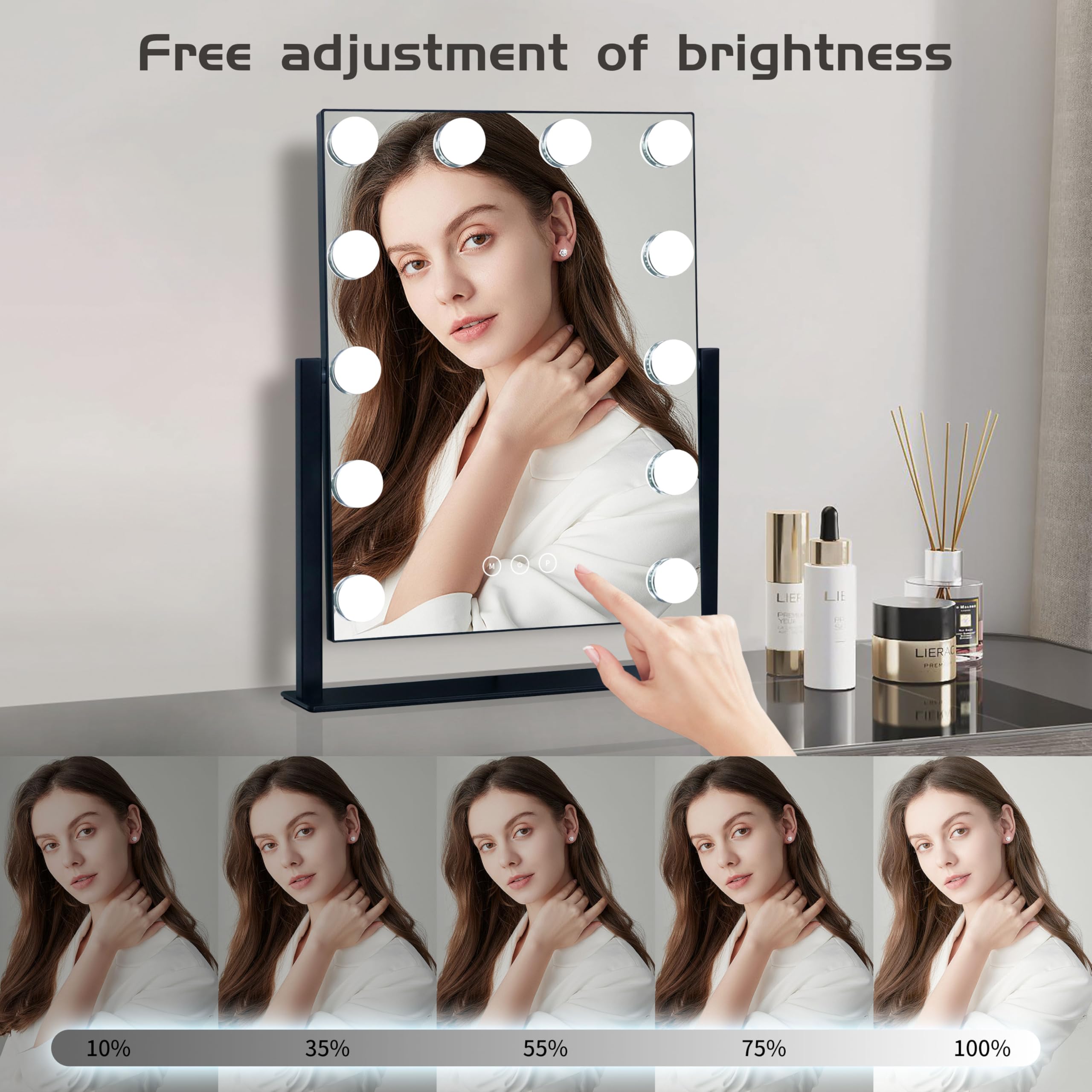 Specchio cosmetico con luci, specchio cosmetico illuminato con 15 lampadine dimmerabili per spogliatoio e camera da letto, illuminazione a 3 colori, modalità staccabile, ingrandimento 10x, valutazione