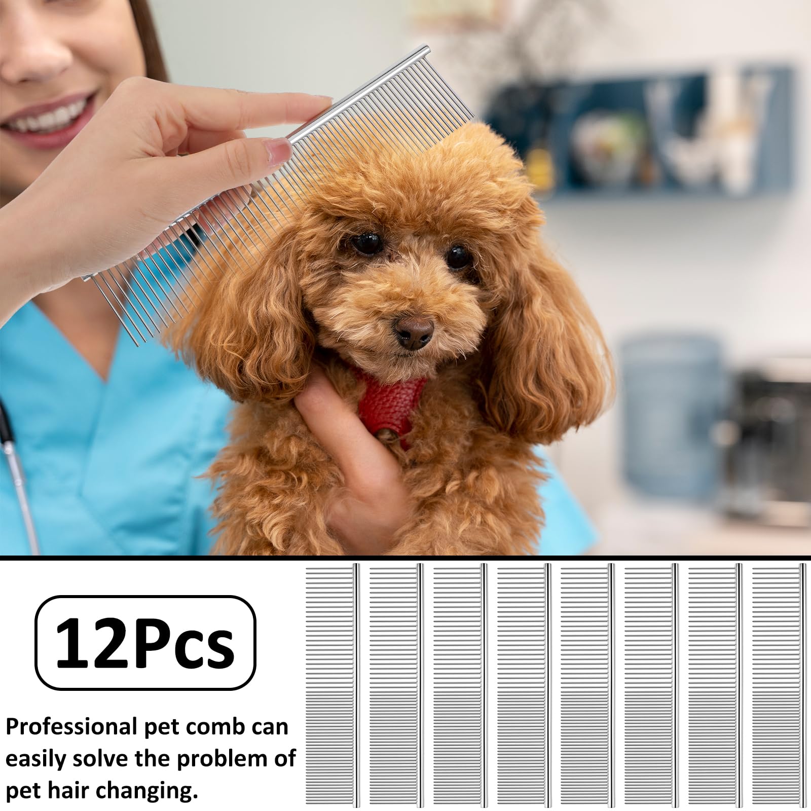 12 peines de acero inoxidable para perros y gatos, herramienta de aseo de metal de 7.48 pulgadas para eliminar nudos, mascotas de pelo largo y corto, incluyendo perros, gatos y otros