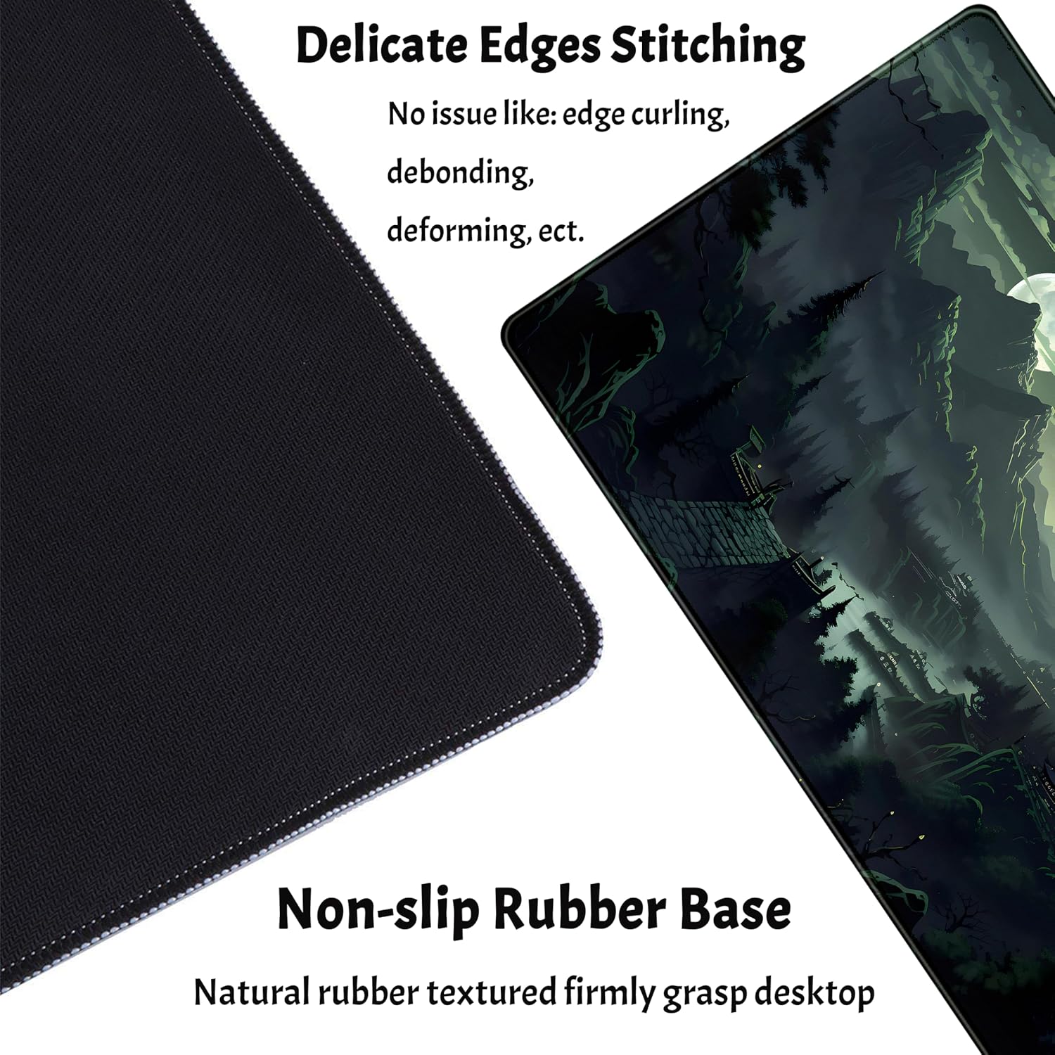 XXL Large Gaming Mouse Pad Anime Green Moon Mountains Desk Mat, Desk Decor Mousepad Computer Mat, Non-Slip Rubber Base Desk Pad, Laptop Keyboard and Mouse Mat with Stitched Edges, 31.5x15.75 in - Image 3