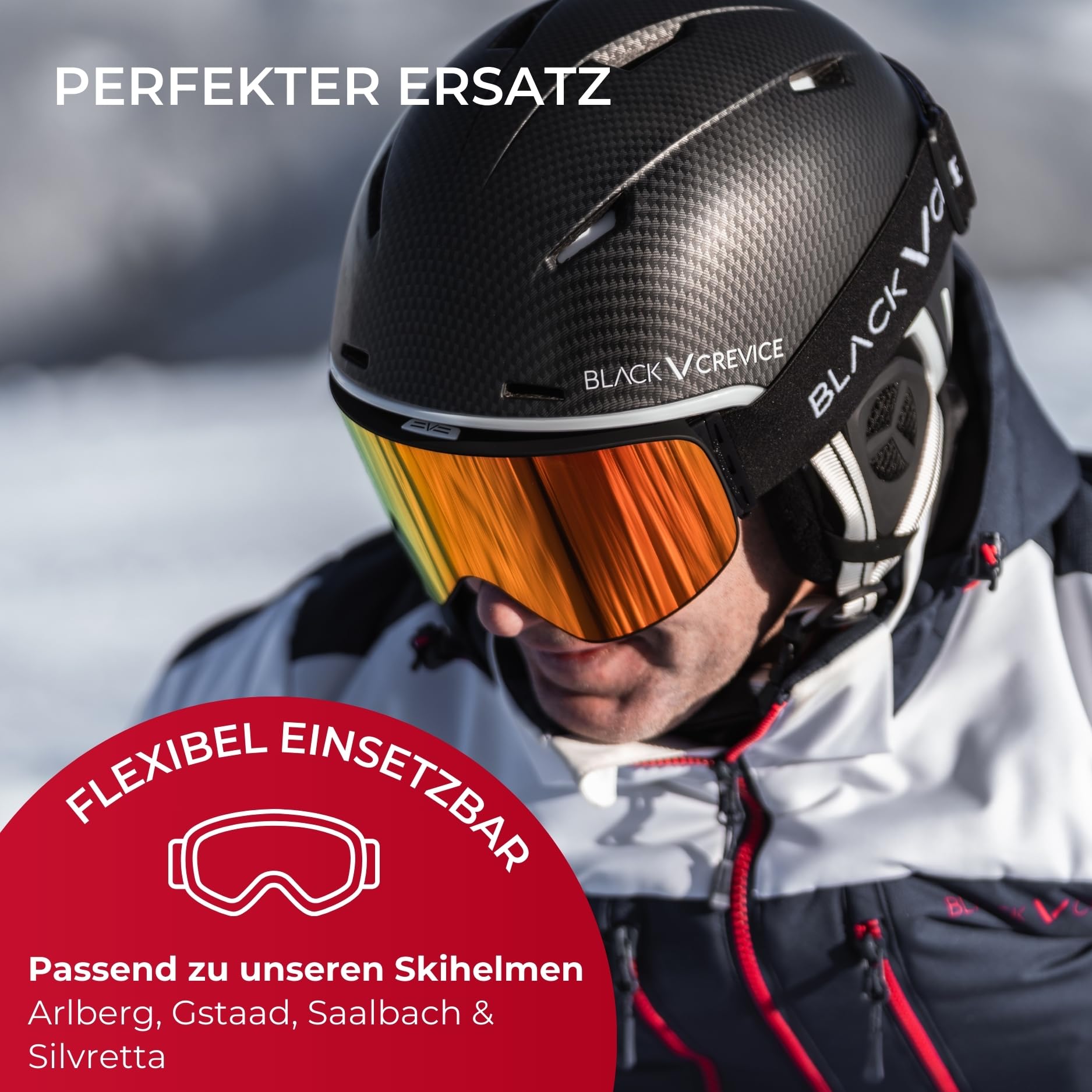 BLACK CREVICE Ersatzvisier mit Vollschutz I Skihelm-Ersatzvisier für Skihelm Arlberg & Gstaad & Saalbach & Silvretta I 5 Farben I Skihelm-Visier mit Anti-Fog-Beschichtung & UV 400 Schutz