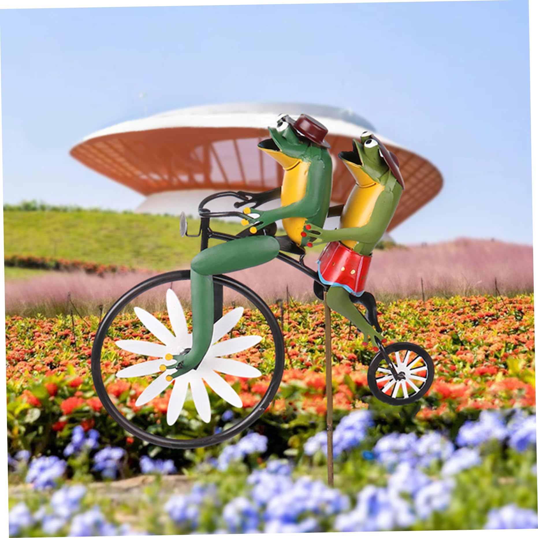 Windspinner Garten Deko - Frösche Auf Fahrrad, Metallskulptur Ca. 28x75 Cm