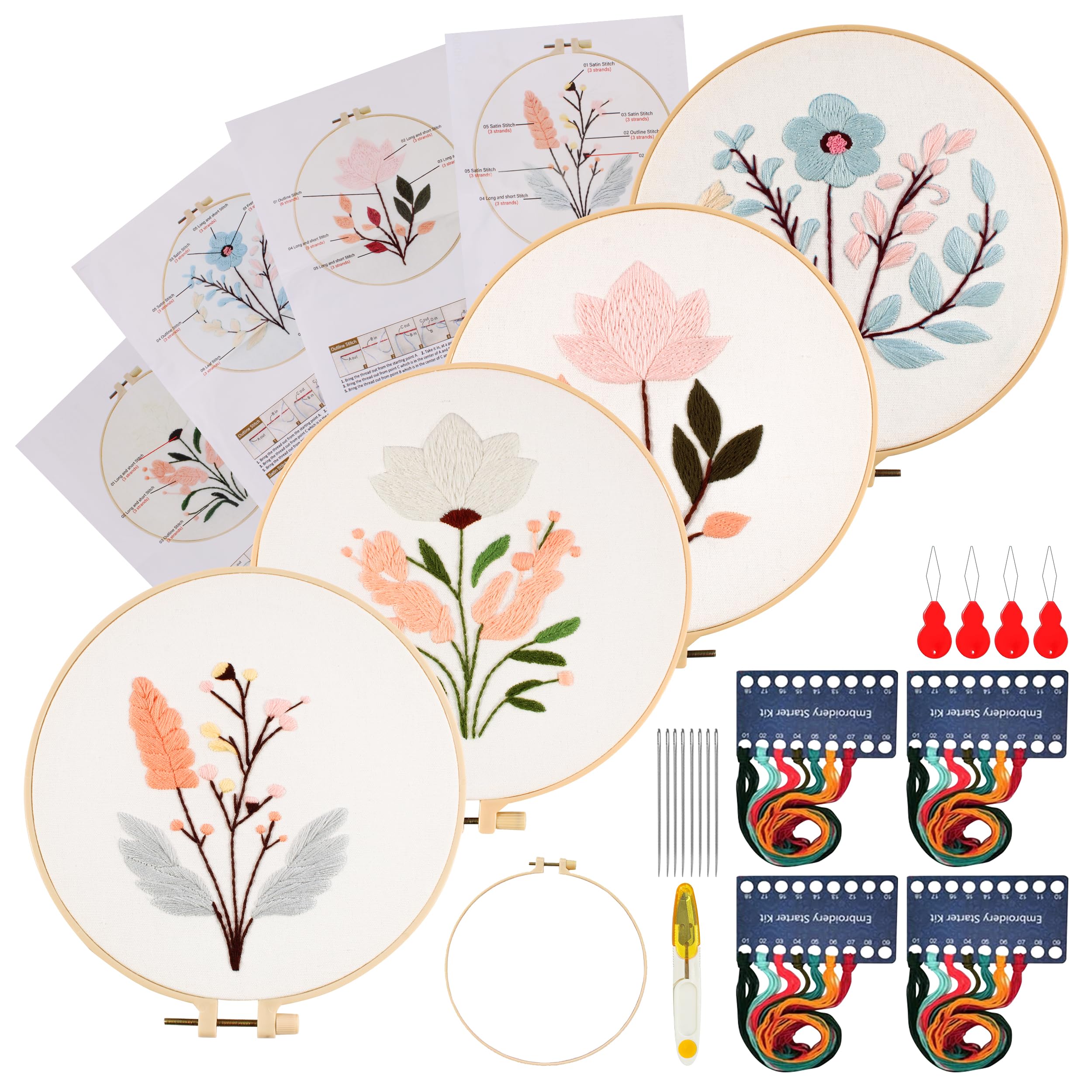 Maydear4 Packs Embroidery Starter Kit with Pattern, Stamped Cross Stitch Kits for Beginners Adults with Embroidery Hoop and Instructions, Hand Embroidery Kit (Four Flowers)