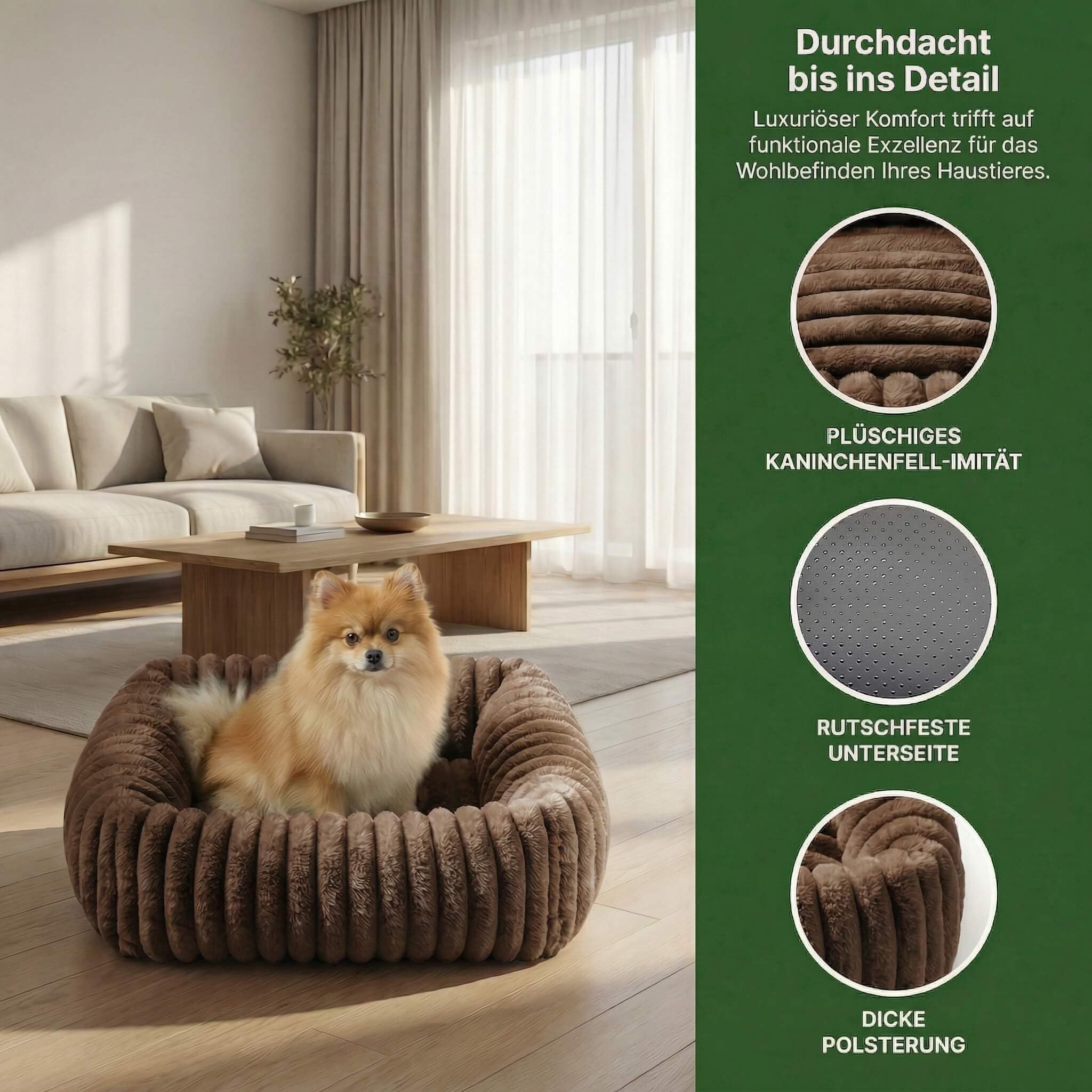 Cuccia Cane Interno S, Pelliccia Coniglio, Antiscivolo, Marrone | Per cani piccoli, 50 x 48 x 15 cm, morbida, confortevole, texture ondulata, letto rettangolare, sfoderabile e lavabile