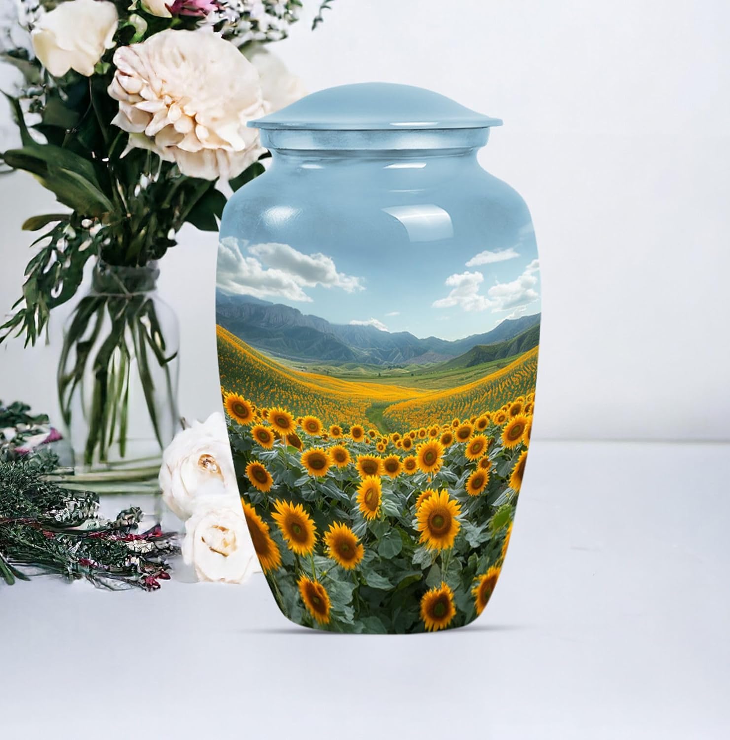Sunflower Design Cremation Urn, Pack of 5 (10 Inch Urn with 3 Inch Urn Set of 4), Cremation Urns for Human Ashes, Large Memorial Funeral Urns for Ashes Adult Male, Flower Urn, Gray Urn