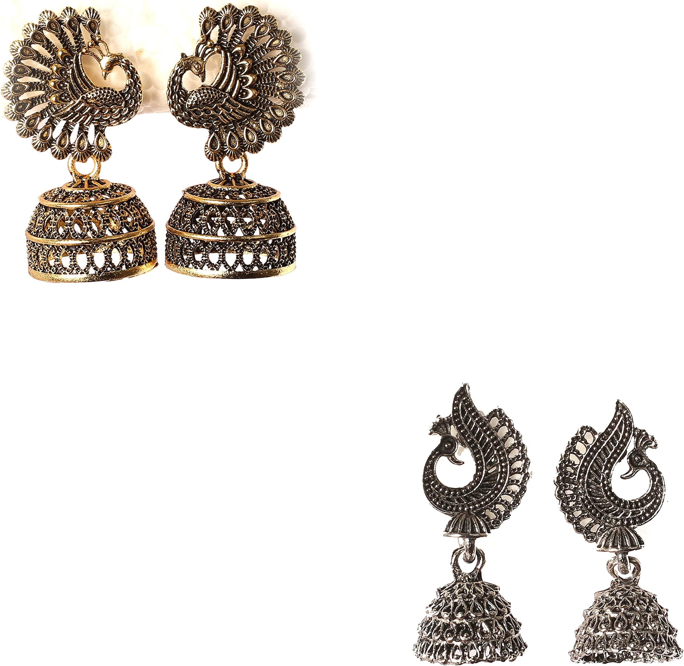 KRITYA Silver and gold oxidised peacock jhumki for women and girls Pack of 2