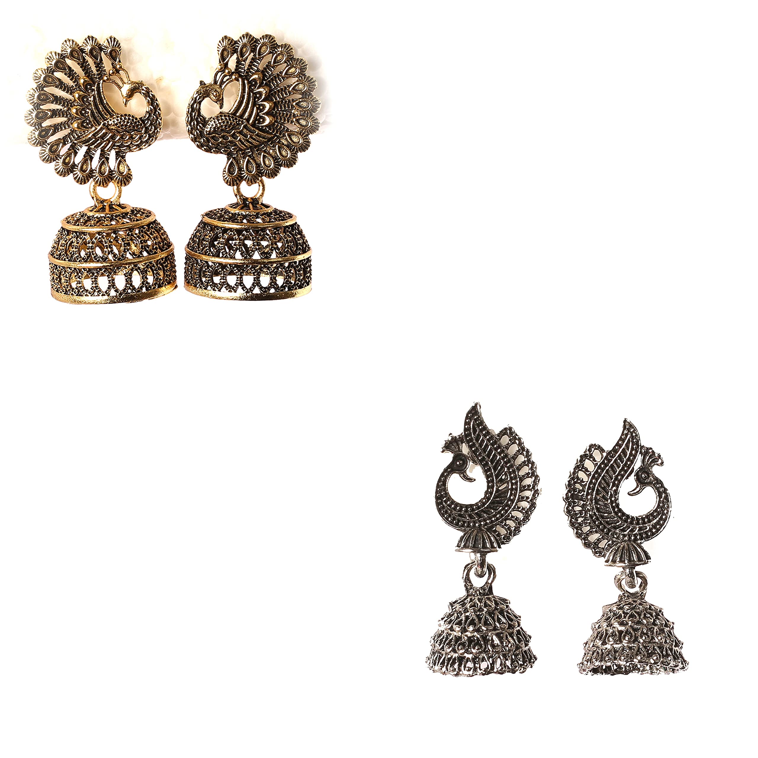 KRITYA Silver and gold oxidised peacock jhumki for women and girls Pack of 2