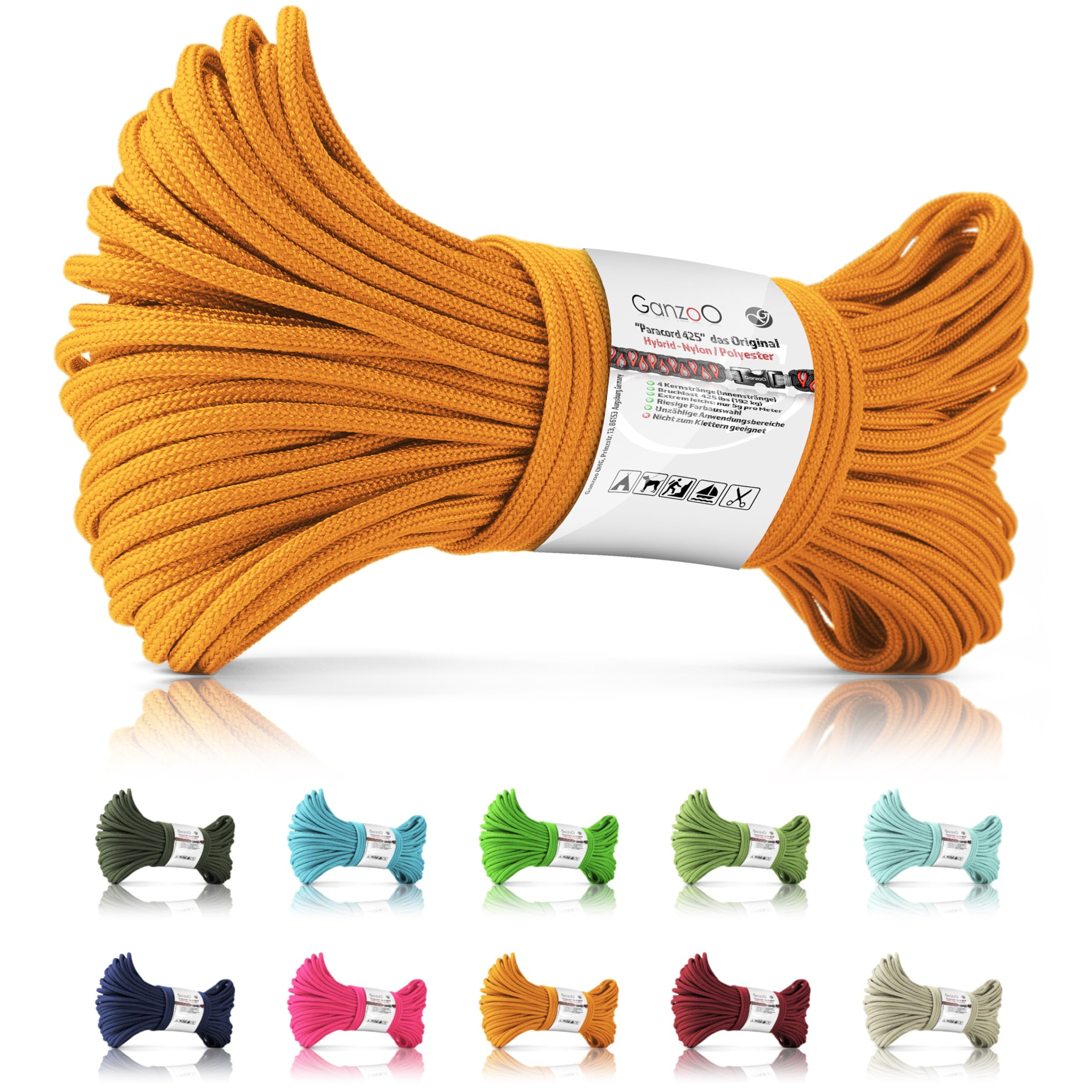 Ganzoo Paracord 425 typ 2 3 mm 30 m pomarańczowy sznur outdoor, konstrukcja rdzeń oplot nylon poliester, 4 rdzenie, 425 lb 192 kg, do odciągów, wiązania, plecenia bransolet, obroży