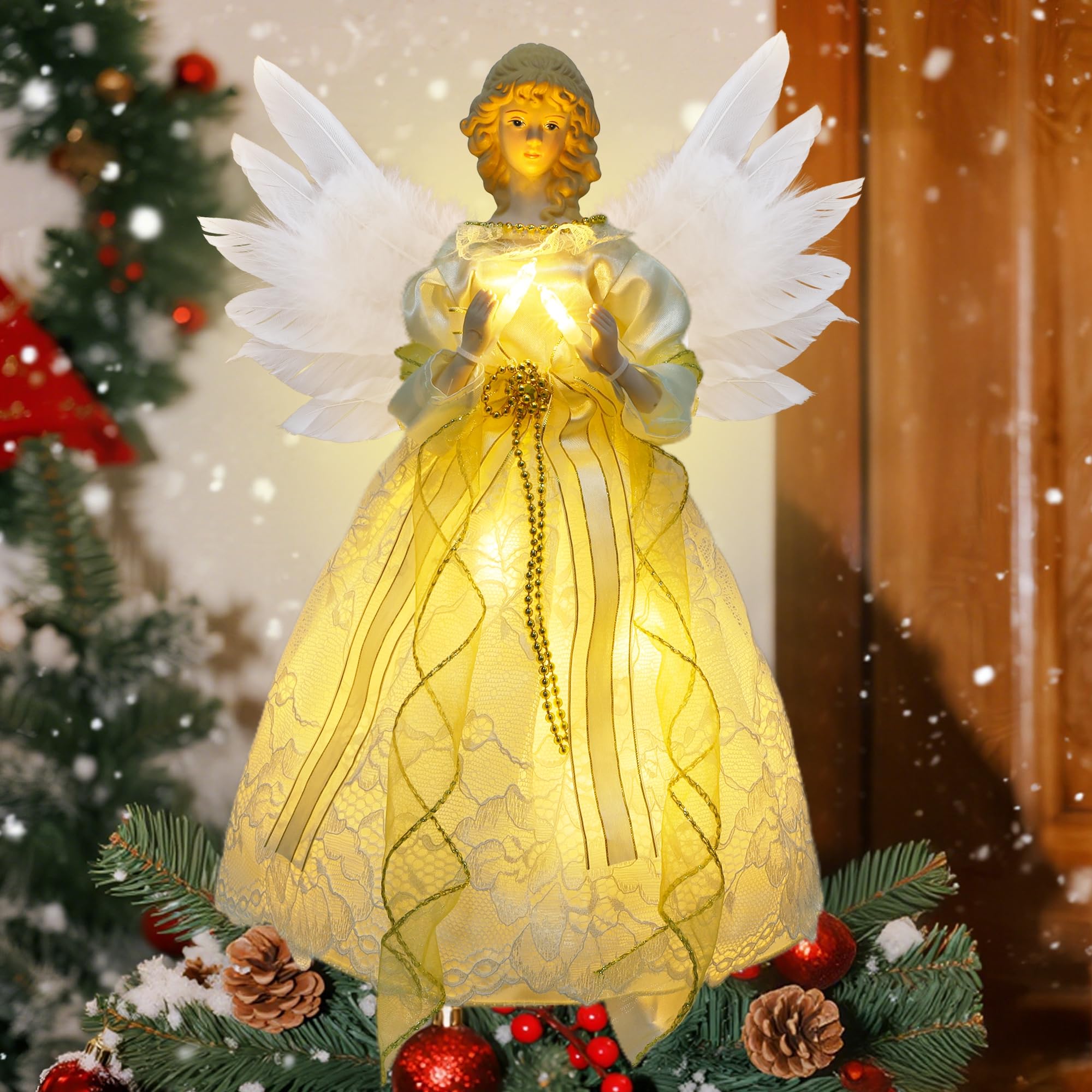 YOFIT Decoración para árbol de Navidad de ángel iluminado de 12 pulgadas, funciona con pilas con luces LED blancas cálidas, adornos de ángel para decoración de árbol de Navidad, decoración navideña