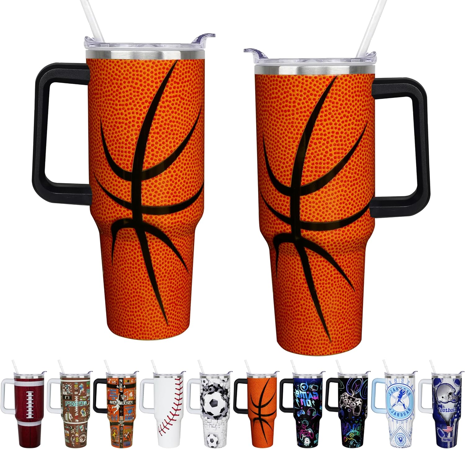 40 oz Basketball Tumbler With Handle, Straw Lid - Double Stainless Steel Insulated Water Bottle, Travel Coffee Mug - Gift for Boys, Girls, Basketball Lovers