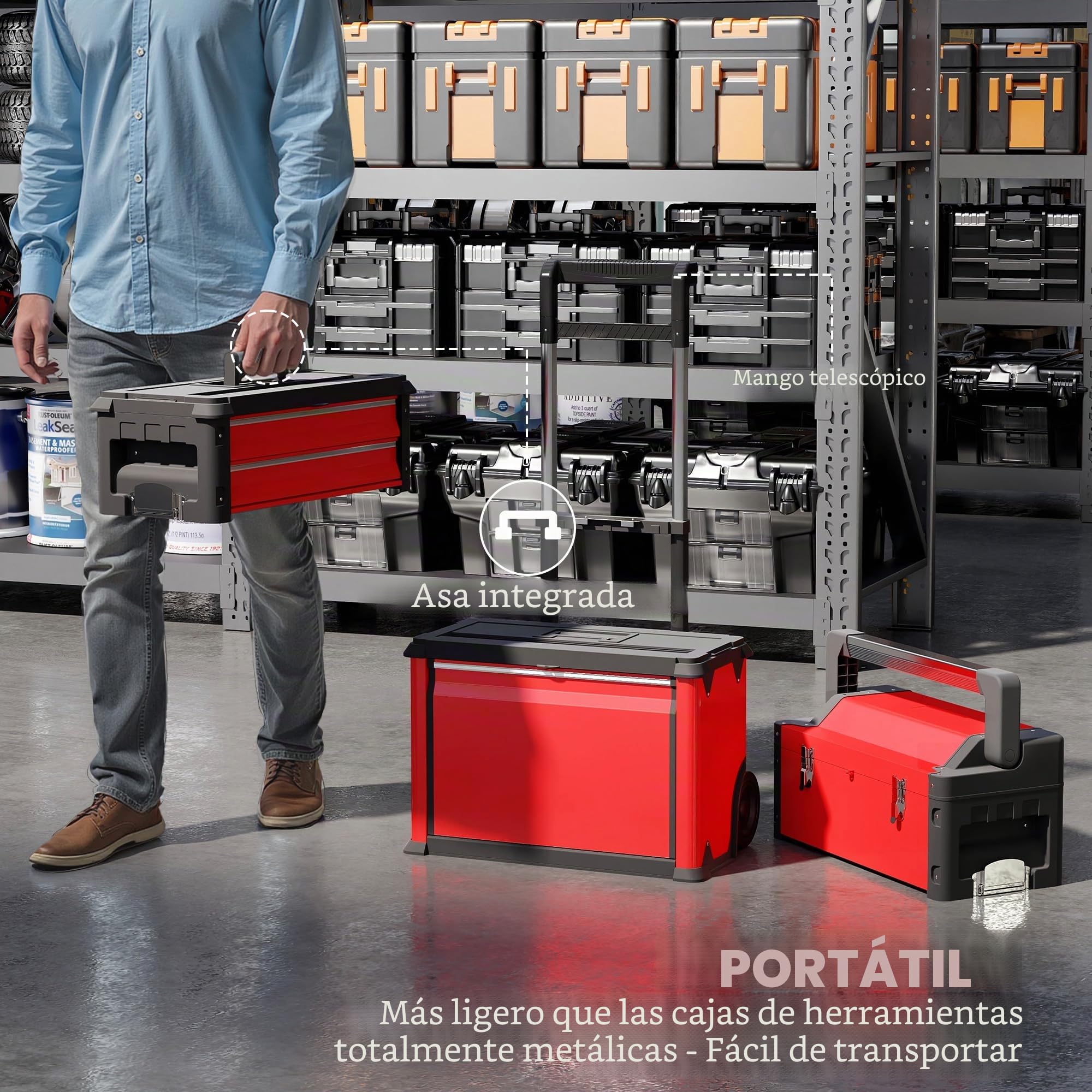 HOMCOM Carro de taller con maletín de herramientas vacío con 3 unidades modulares, carro para almacenamiento de herramientas, caja de herramientas con asa, acero, color rojo