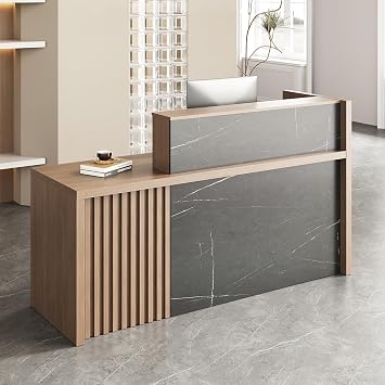 71" Reception Desk with Counter, Modern Front Desk with Lockable Drawer, Cabinet, Cable Grommet & Vent Hole, Wood Reception Counter for Office, Salon, Clinic