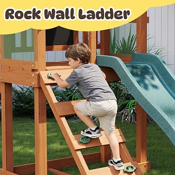 Wooden Swing Sets for Backyard, Outdoor Playset,Green | Playground Sets with 6 FT Wave Slide, Play Deck, Rock Wall Ladder, 2 Belt Swings, Chalkboard, Canopy Roof