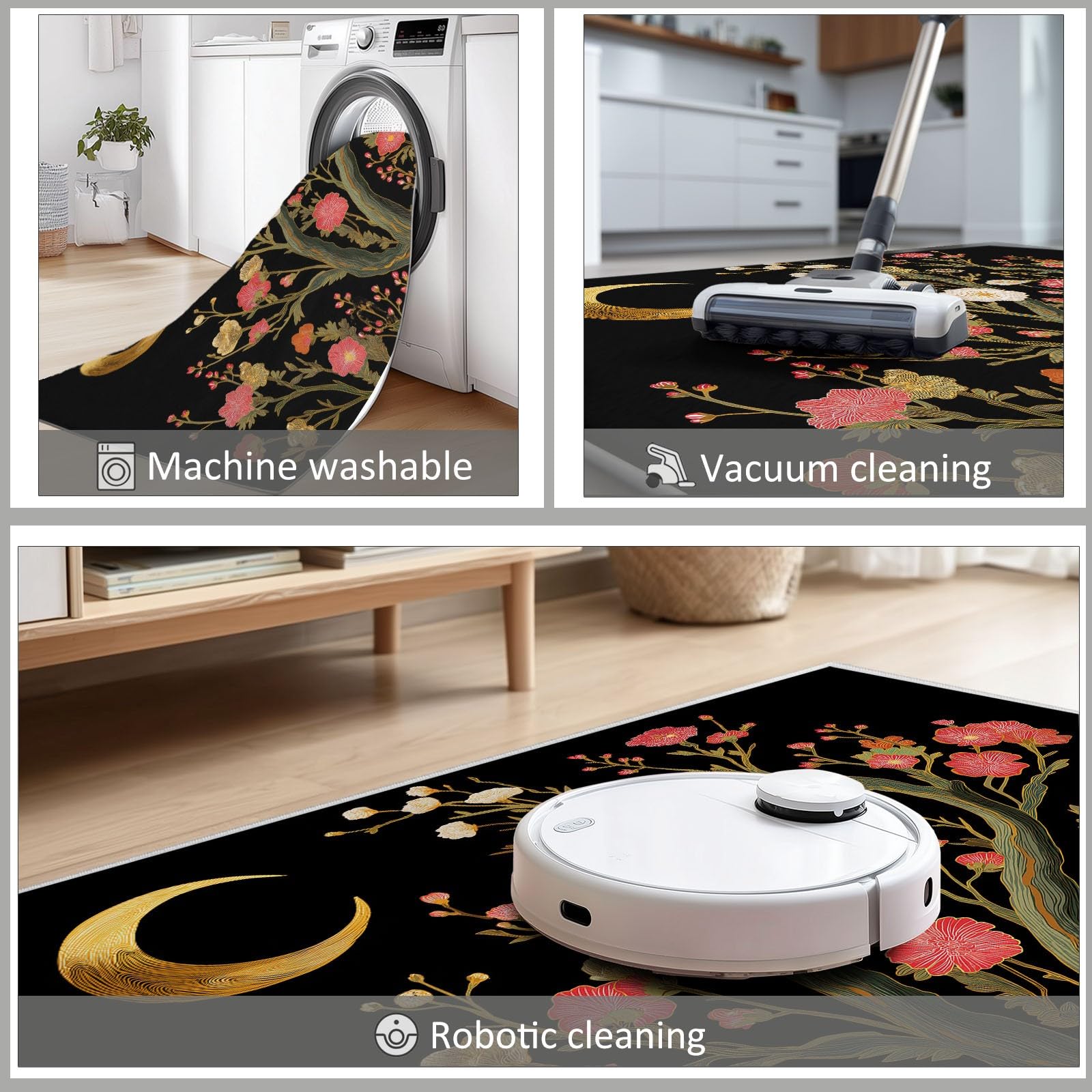 Tapis Salon Lune Fleurs Branches 80x150cm Tapis Poils Courts Doux Antidérapant, Décorer Intérieur Moderne pour Chambre Cuisine Salle à Manger Bureau