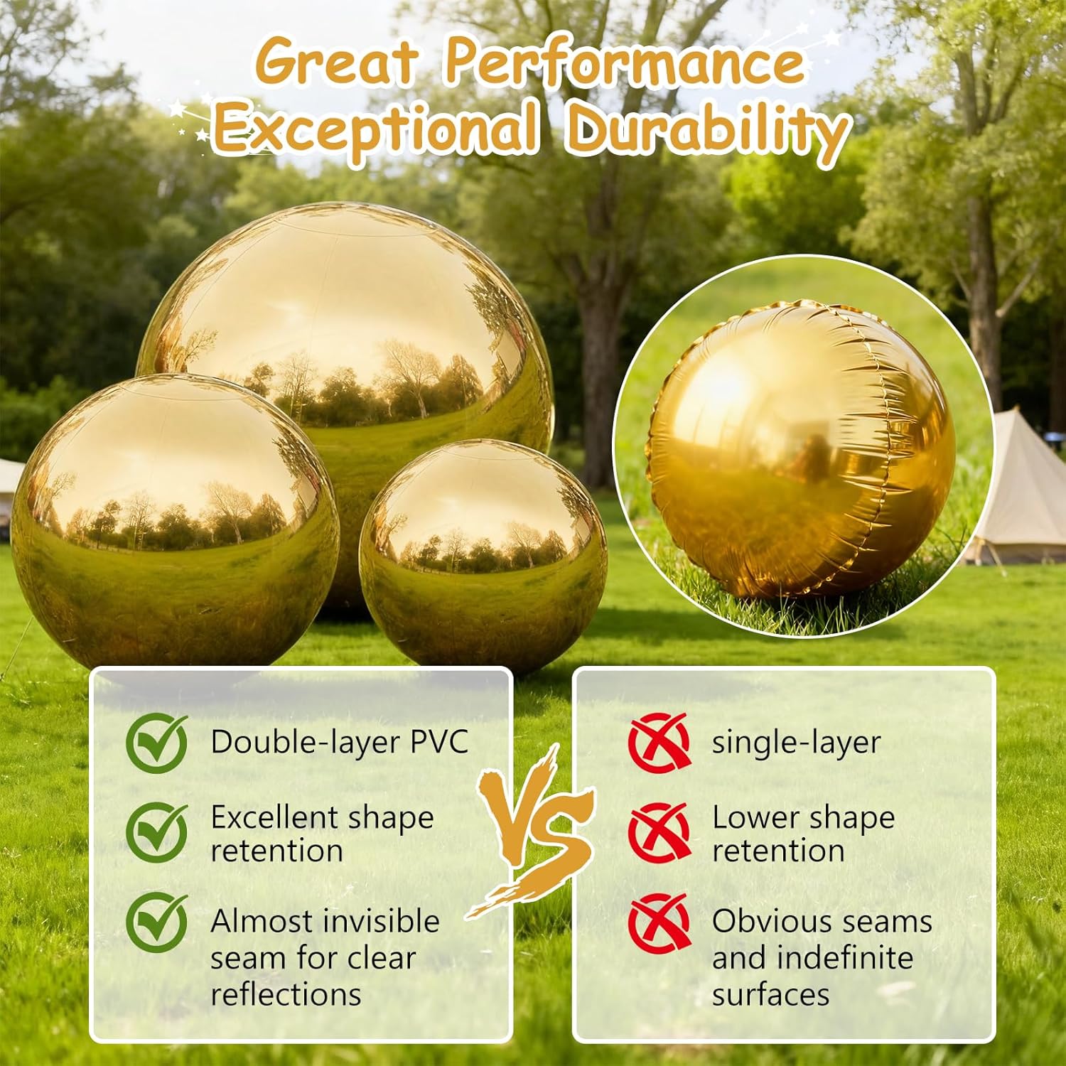 Gold Inflatable Mirror Ball 4pcs - Reusable Holiday Outdoor Balls Include Electric Pump, Reflective Hanging Big Mirror Ball Decor Bubble for Large Event Decoration, Party, Wedding