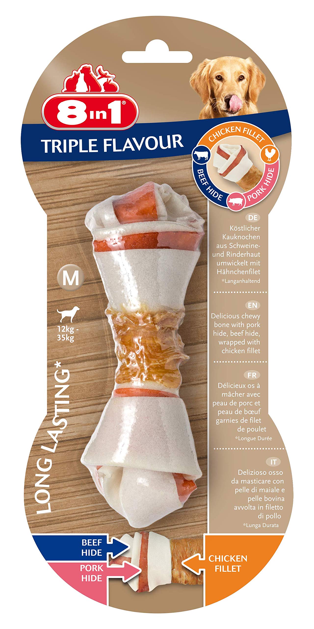 8in1 Triple Flavour Bone M - Hueso de Perro masticable con Filete de Pollo, Piel de Cerdo y Piel de Res, 1 ud.