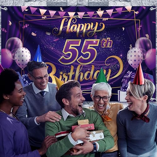 Miniatura 5 de Telón de fondo de feliz cumpleaños número 55 pancarta de feliz cumpleaños de 71 x 44 pulgadas, decoración de fiesta de cumpleaños morado y dorado,