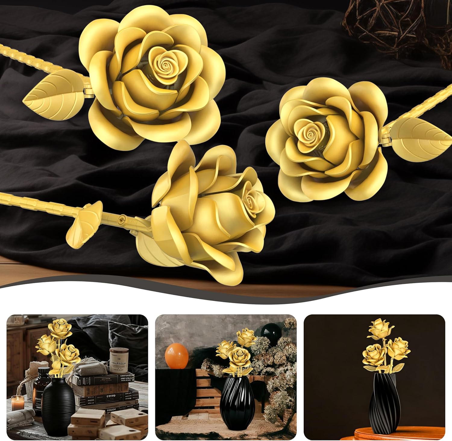 QIFUN Gold Roses Flower Building Set - 3 Roses Bouquet Botanical Building Blocks for Adult, Home Decor Romantic Anniversary Valentine's Day Gift for Her, Wife, Girlfriend, Mom