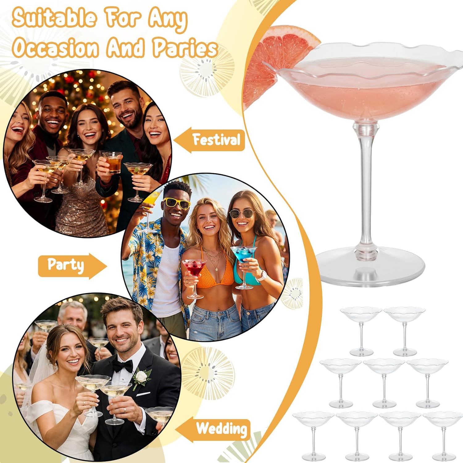 48 Pcs Martini Glasses 7 oz Disposable Plastic Vintage Flower Coupe Wave Glasses Elegant Cocktail Unbreakable Dessert Parfait Glassware for Wedding Birthday Party Supplies