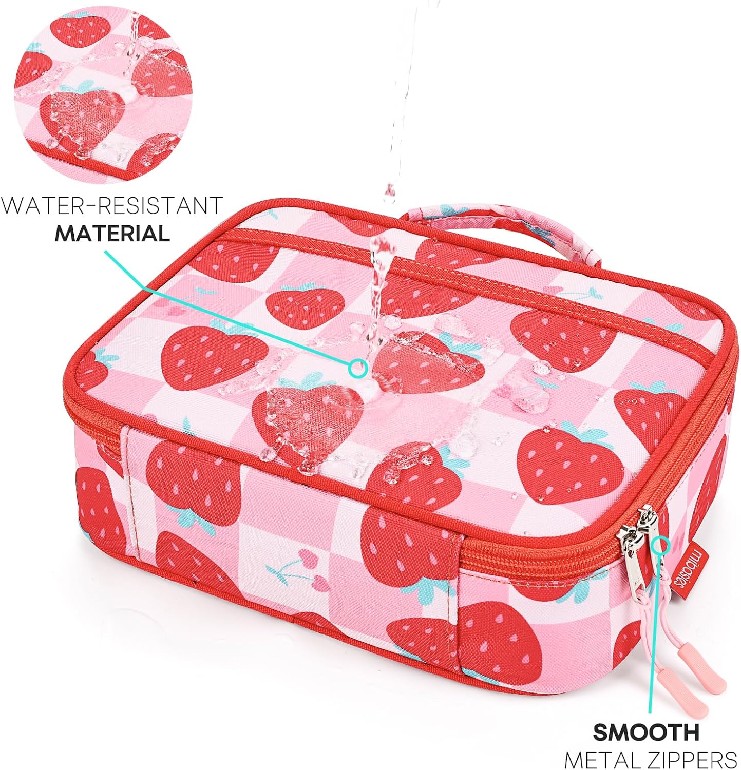 mibasies Kids Lunch Box for Girls, Insulated and Reusable Lunch Bag for School Preschool Kindergarten, Strawberry Checkerboard image 4