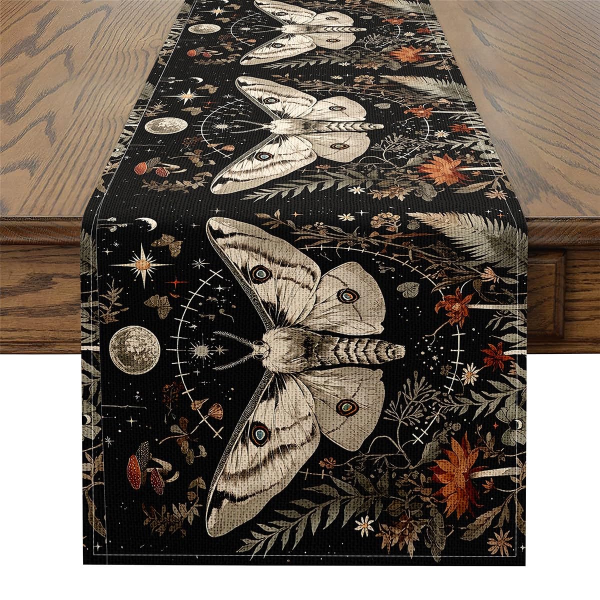 Erosebridal Black Grey Butterfly Table Runner,Cute Mushroom Moth Rectangular Runner,Tropical Leaves Dresser Runners,Groovy Flowers and Stars Table