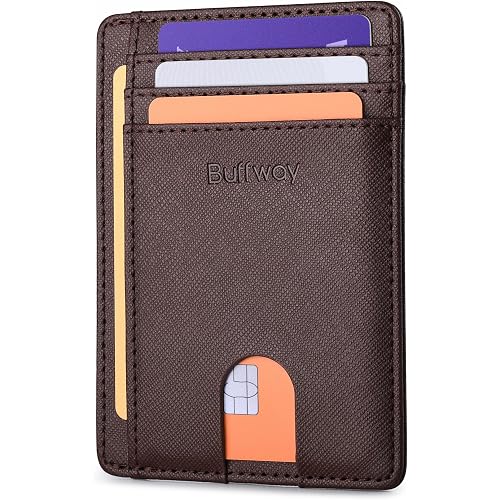 Buffway Slim Minimalist Front Pocket RFID Blocking Leather Wallets for Men and Women - Cross Coffee