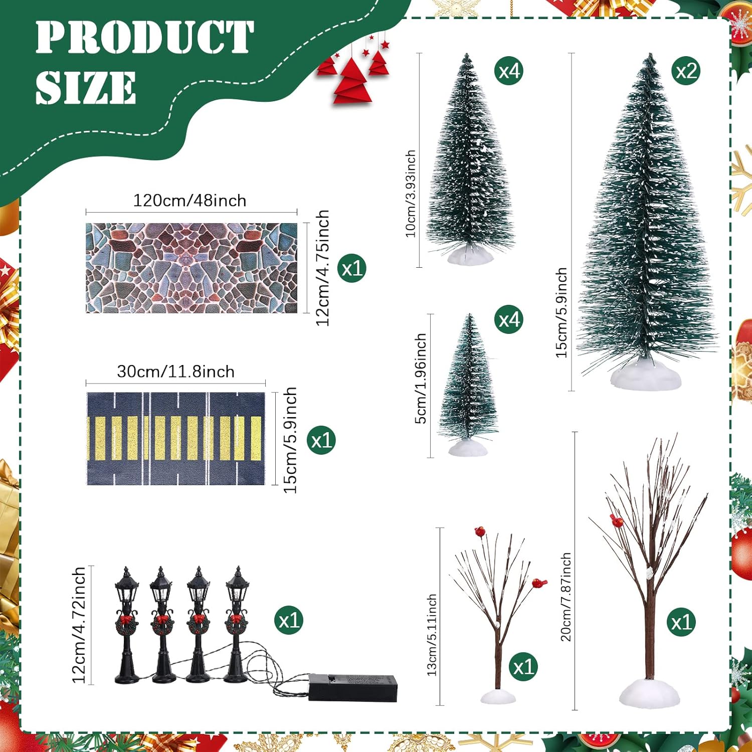 Geosar 18 Pcs Mini Christmas Village Trees Accessories Set Christmas Villages Decoration Ornament Tree Street Lamp Road for Indoor Outdoor Village Tabletop Display Platform Holiday Winter Decor - Image 3