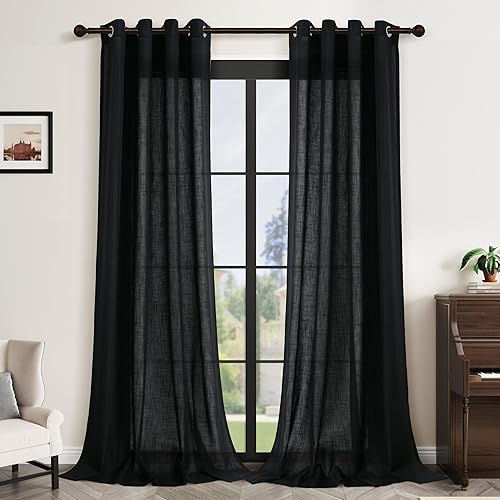 Cortinas de lino negro para dormitorio, sala de estar, juego de 2 paneles de 84 pulgadas de largo, juego de 2 paneles de cortinas de lino de algodón
