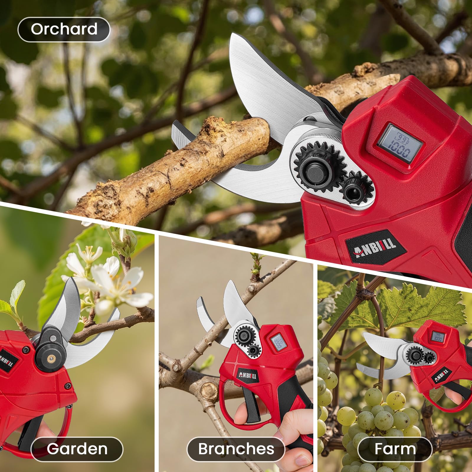 Anbull Tijeras de podar electricas 40 mm, con cuchillas SK5 | Bateria 2×2000 mAh, motor sin escobillas, compatible con baterías Makita 18V, inalámbricas, para ramas y árboles frutales