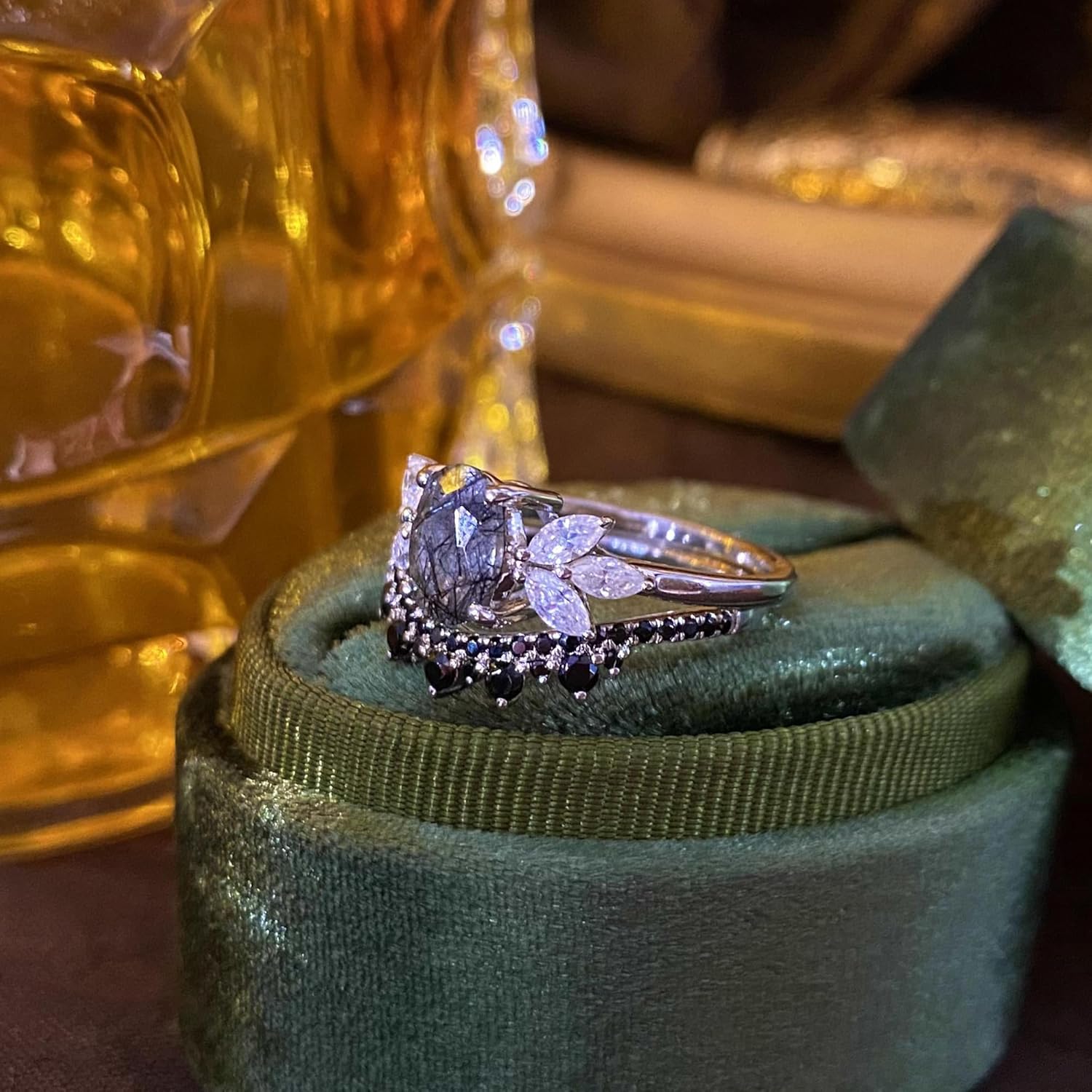 Oval Natural Black Rutilated Quartz Celtic Knot Bridal Wedding Ring Sets with Black Gold or Platinum Plated 925 Sterling Silver, Irish Gothic Engagement Rings and Spinel Trinity Annversary Band Size 4-9 - Image 3