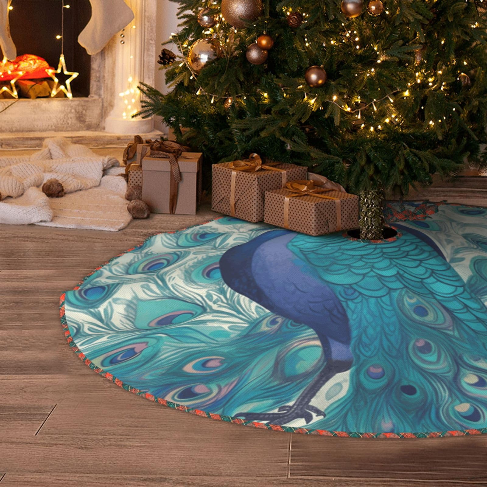 Cute Peacock Christmas Tree Skirt 48" Artificial Tree Mat Cover Merry Christmas Burlap Xmas Tree Skirt for Christmas Decoration Holiday Indoor Outdoor Winter Party Decor