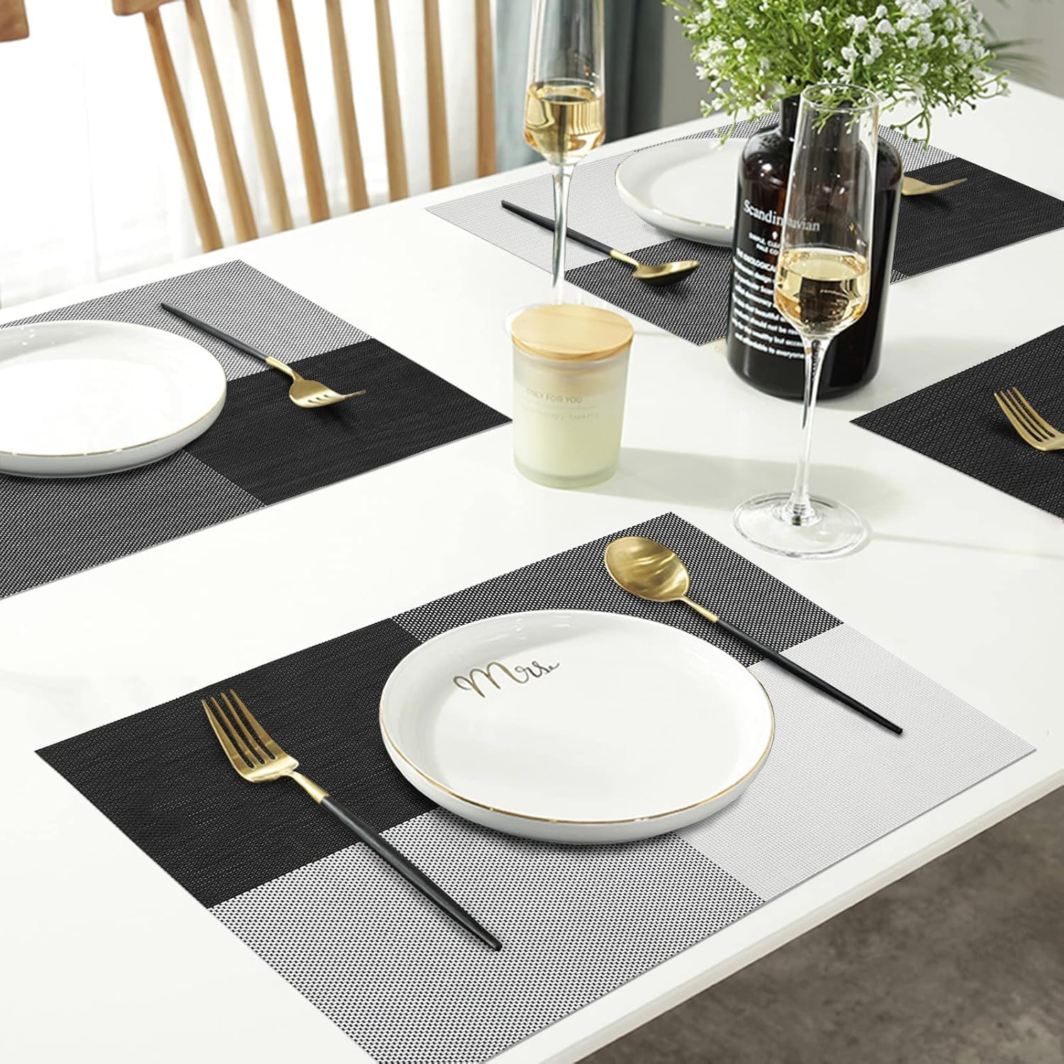 Placemats Set of 6 Dining Table Place Mats | Placemats Table Mat PVC Material | Non-Slip Heat Resistant | Dining Tablemates Washable Anti-Skid | Size 45 x 30cm (Black White Lattice Block) — Amazon image 6