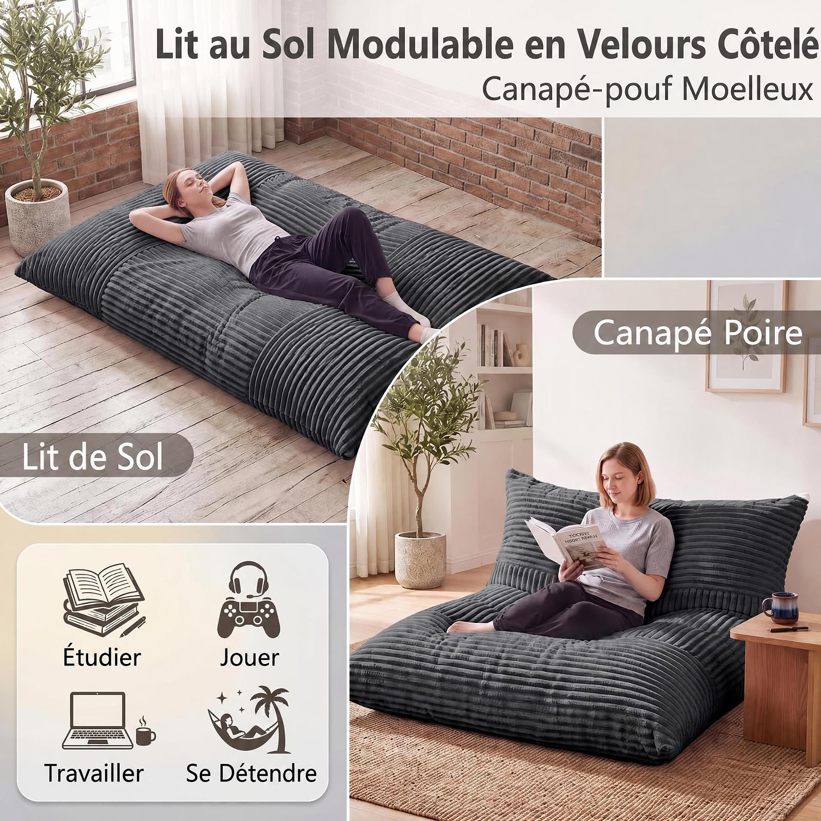 RELAX4LIFE Pouf Géant XXL, Canapé Lit au Sol Moelleux, 194X139 CM, Gris foncé