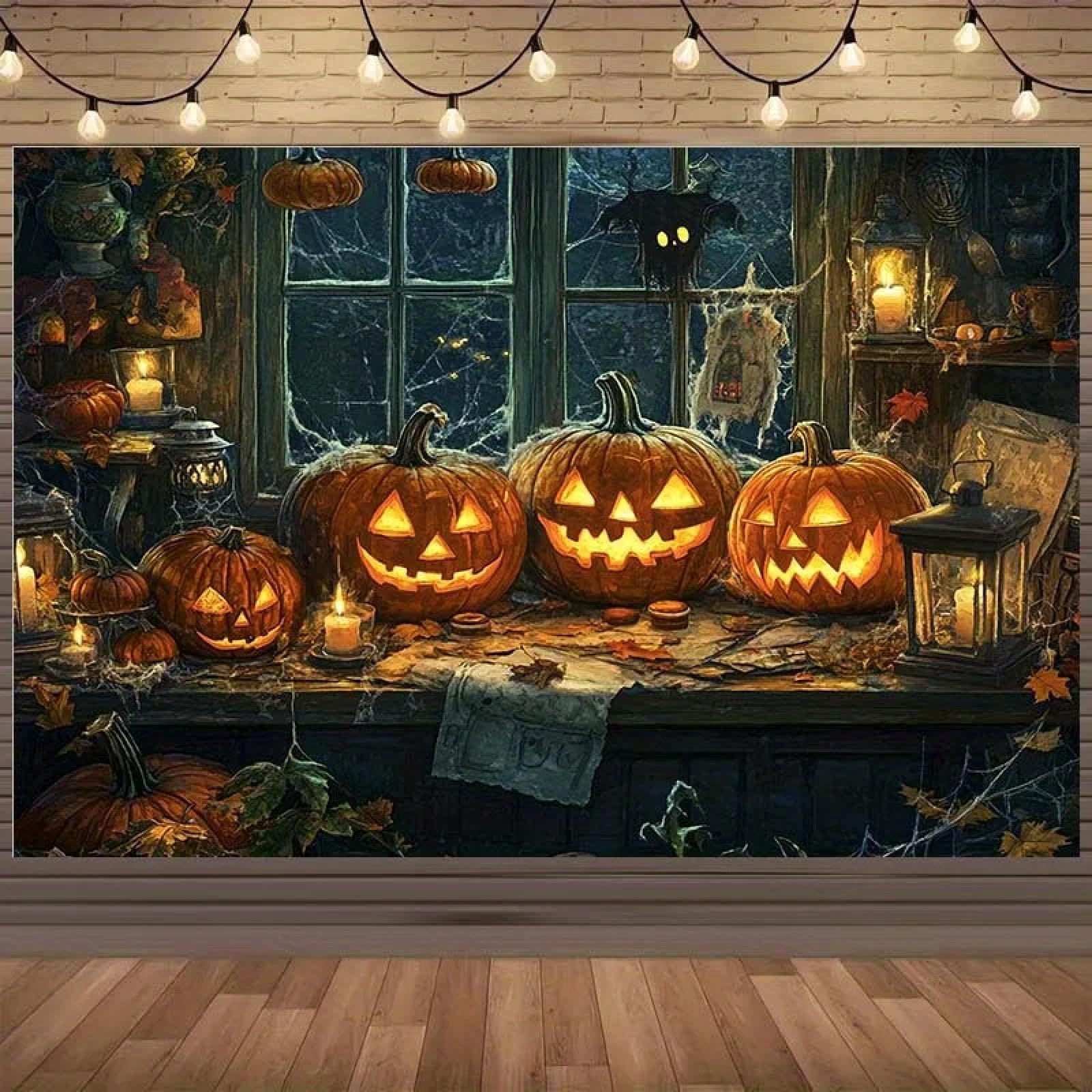1 tło dyni na Halloween z małymi diabelskimi świecami i pajęczynami, nie ma potrzeby stosowania jako dekoracja