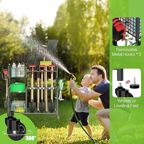 Miniatura 4 de Organizador de herramientas de jardín para garaje, organizador de herramientas de jardín de 3 niveles y soporte de almacenamiento con ruedas,