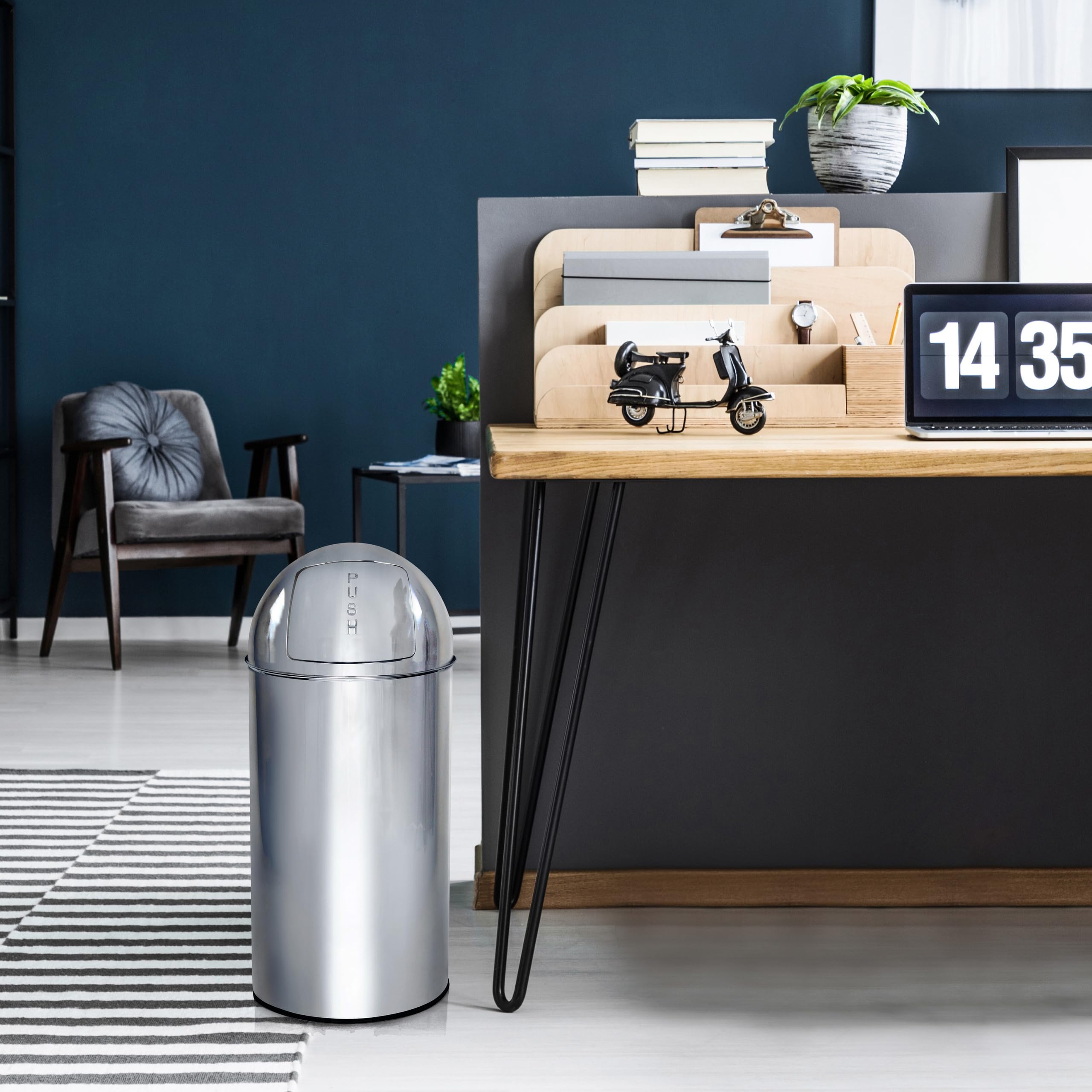 hjh OFFICE 741004 Cubo de Basura PUSH 35L Cromo con Tapa Push Capacidad 35 litros Cubo Interior extraible