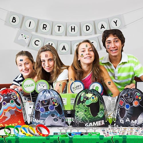 Miniatura 7 de Winrayk 12 juegos de regalos de fiesta de videojuegos, suministros de cumpleaños para jugadores, bolsa con cordón para juegos, pulsera de silicona