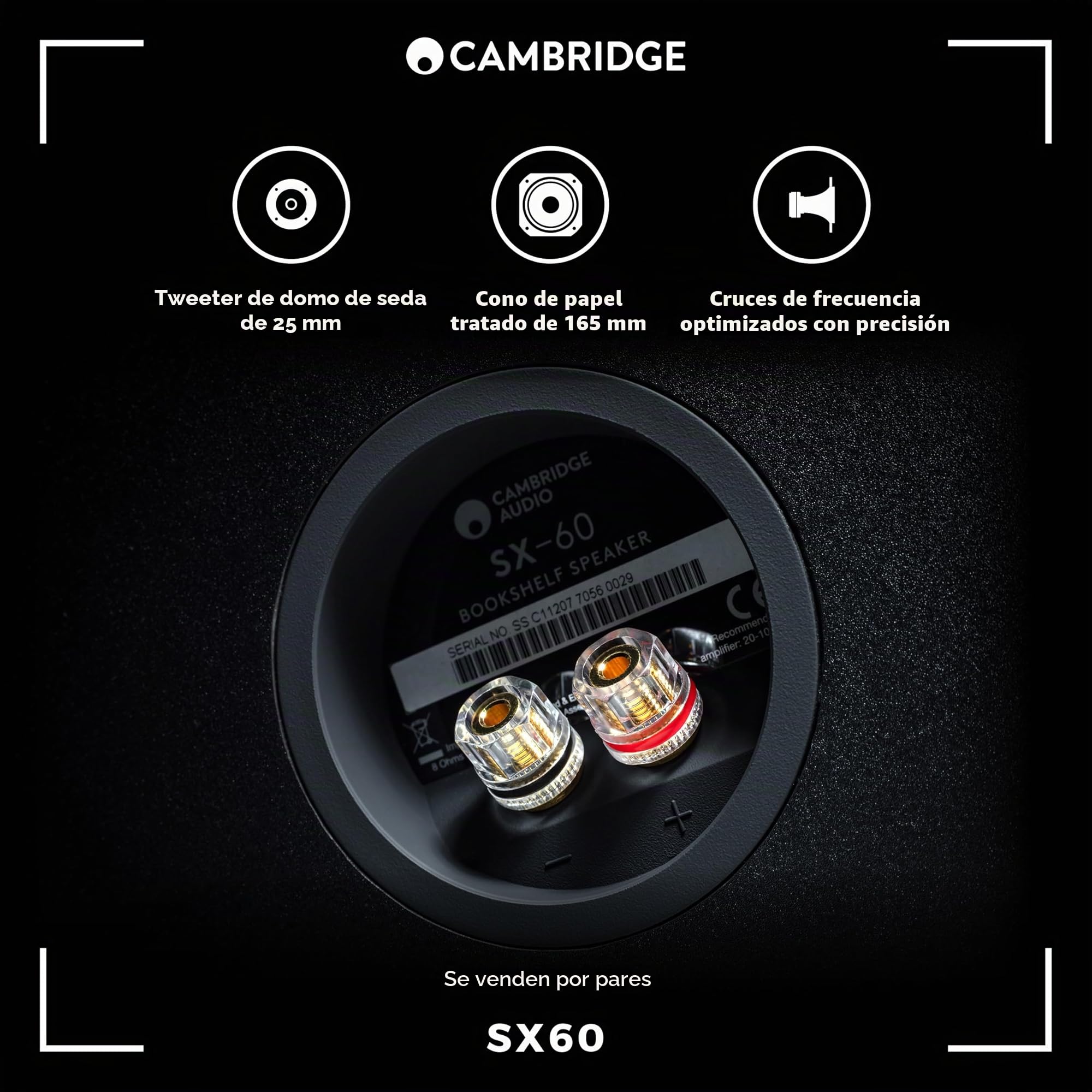 Cambridge Audio SX60 - Par de Altavoces pasivos con Cable para Sistema de Cine en casa o HiFi - Optimizados para una Respuesta de frecuencia Suave y Uniforme - Negro Mate