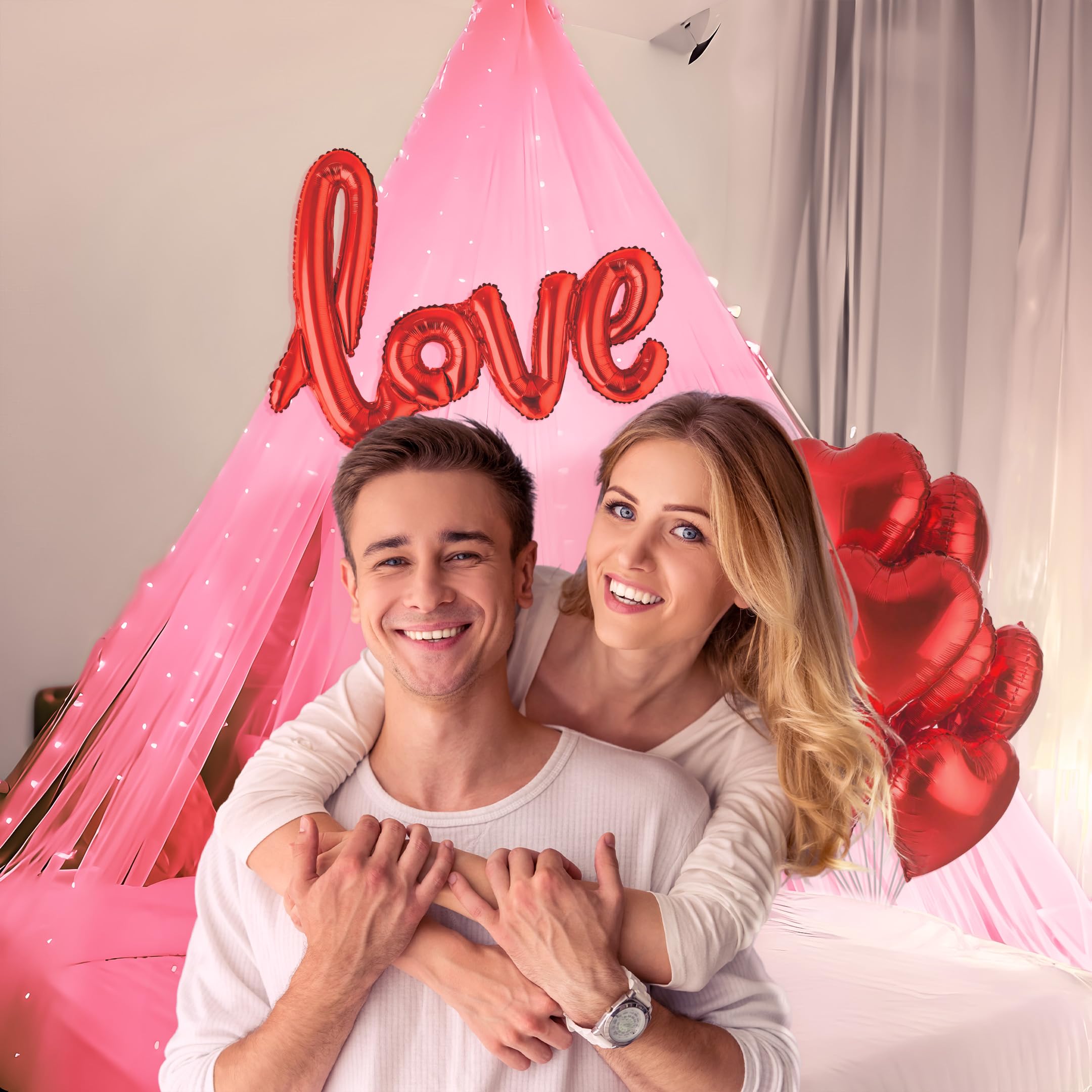 Special You Canopy Tent for Decoration, Canopy for bedroom, Romantic Decoration Set with Pink Backdrop, LED String Lights, Love Foil Balloons & Heart Balloons for decoration - 11 Pcs 2