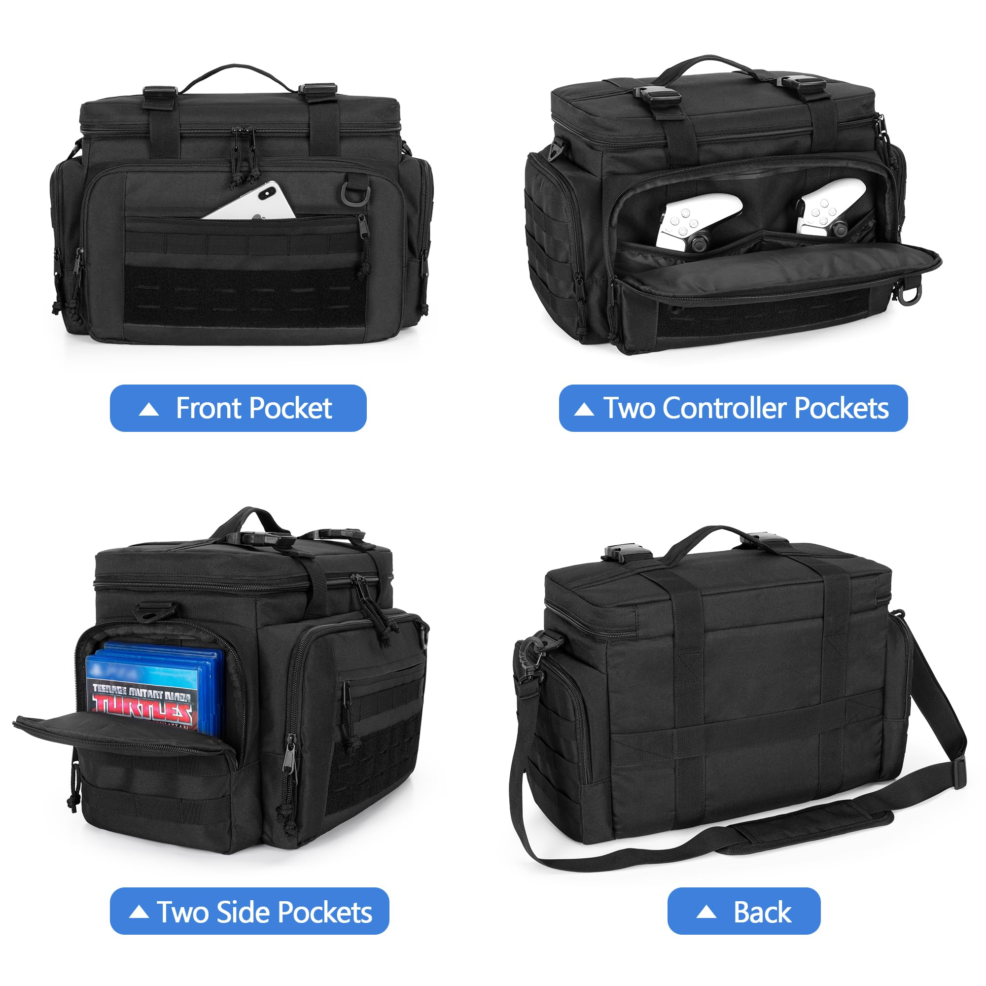 PGmoon Taktische Tasche Kompatible mit PS5/PS5Pro/PS4/Xbox | Tragetasche mit verschiedenen Fächern für 15,6 Zoll Laptops, Controller, Discs (Patent Design)