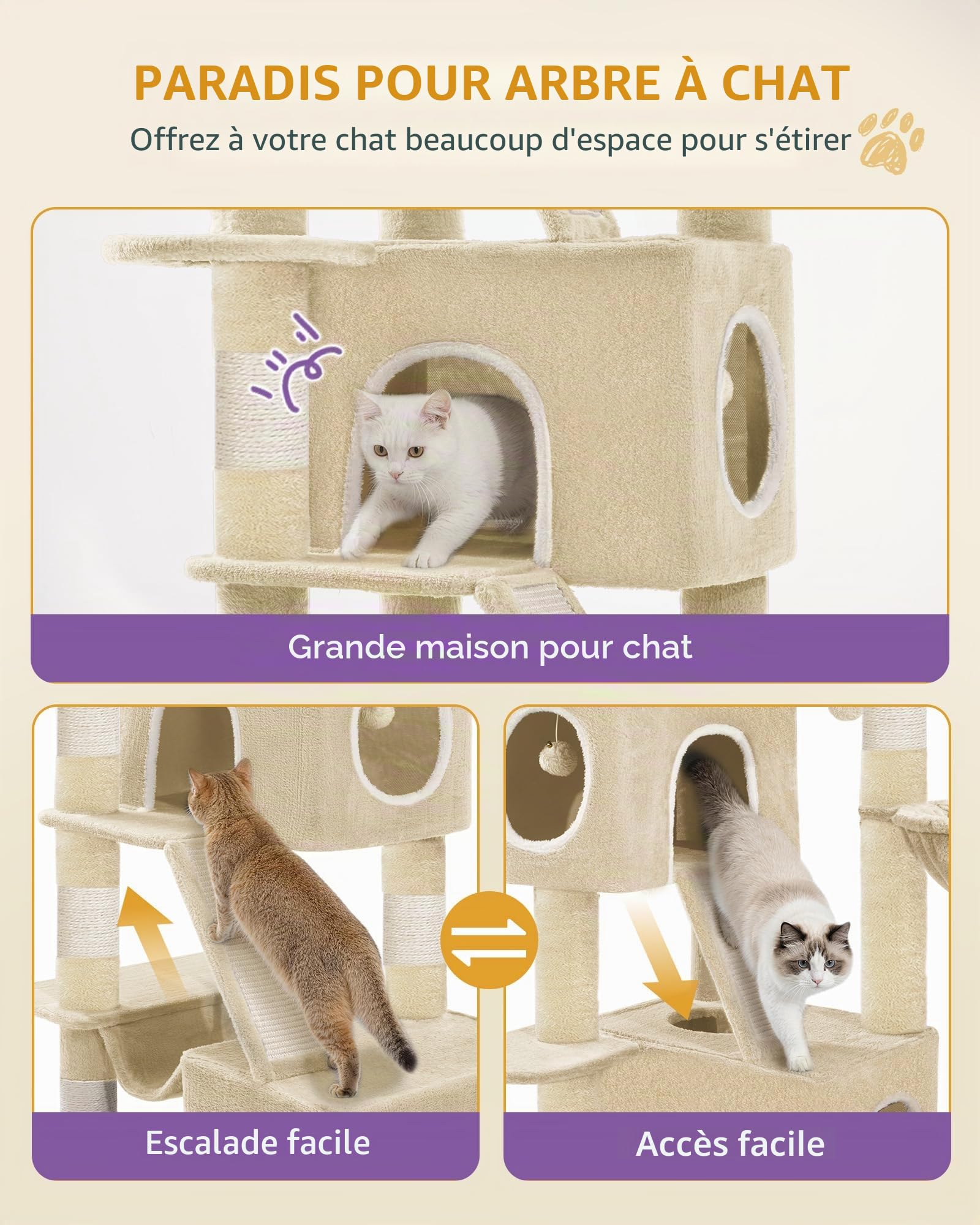 Hzuaneri Arbre à Chat, XXL, Hauteur 209 cm, avec 7 Griffoirs, 3 Niches, 2 Plateformes, 2 Planche à Gratter, Panier, Hamac, Balle en Peluche, Arbre à Chat à Plusieurs Niveaux, Beige MS20918YL