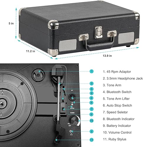 Miniatura 3 de Tocadiscos portátil con tocadiscos de 3 velocidades, conectividad Bluetooth, batería incorporada de 1800 mAh, diseño retro de maleta para amantes de